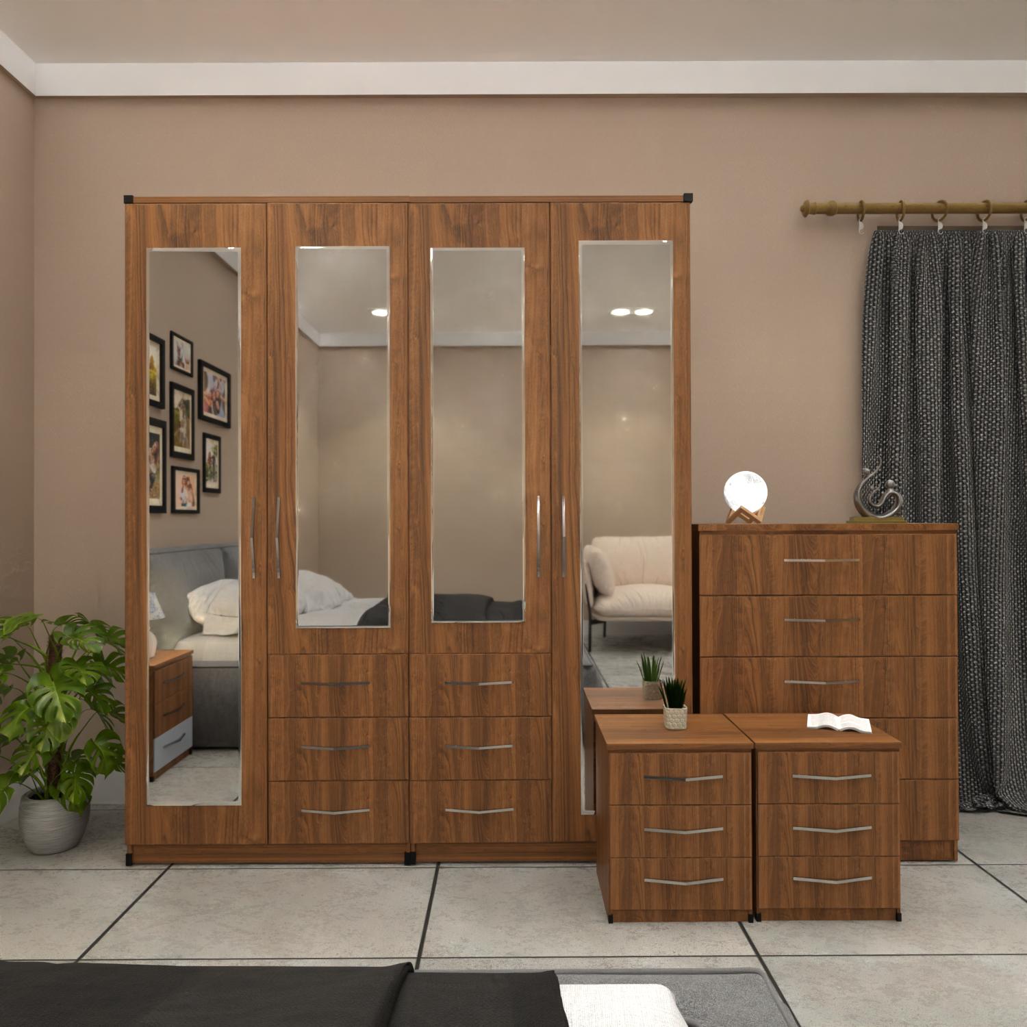 Walnut 4 door mirrored combi wardrobe bedroom set with bedside tables and chest of drawers