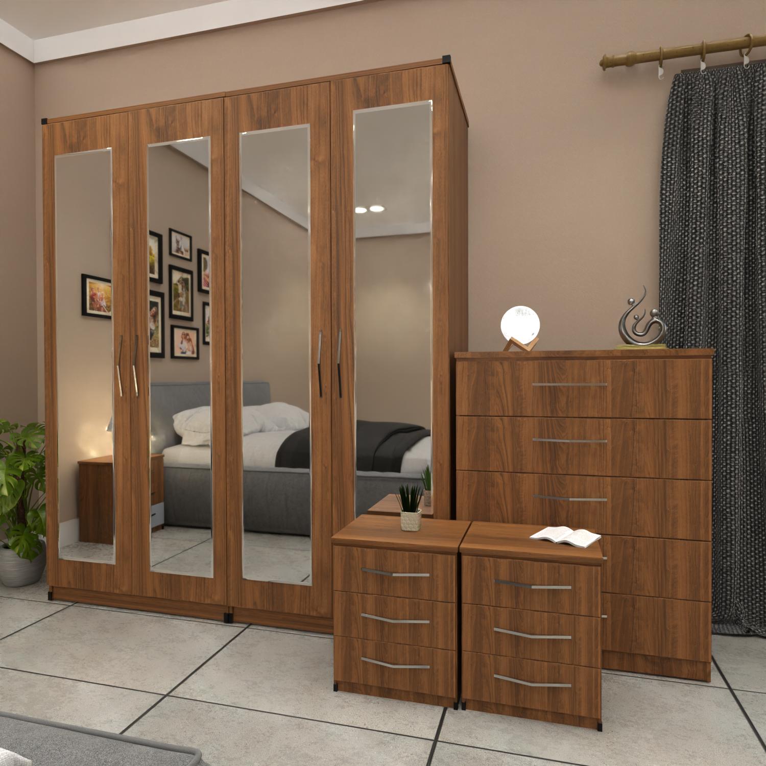 Walnut 4 door mirrored wardrobe bedroom furniture set with bedside tables and chest of drawers
