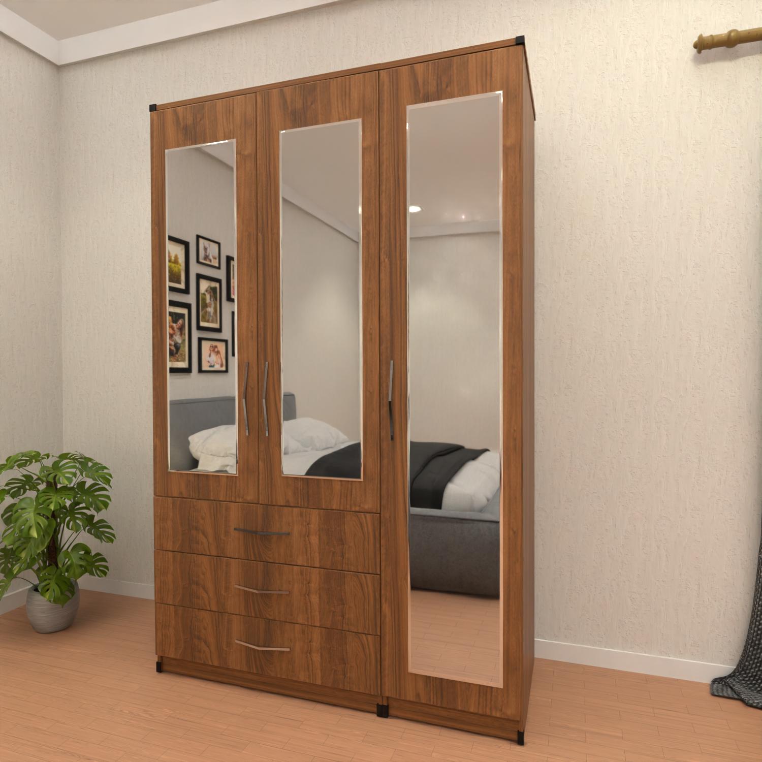 Walnut 3 door wardrobe with spacious drawer storage