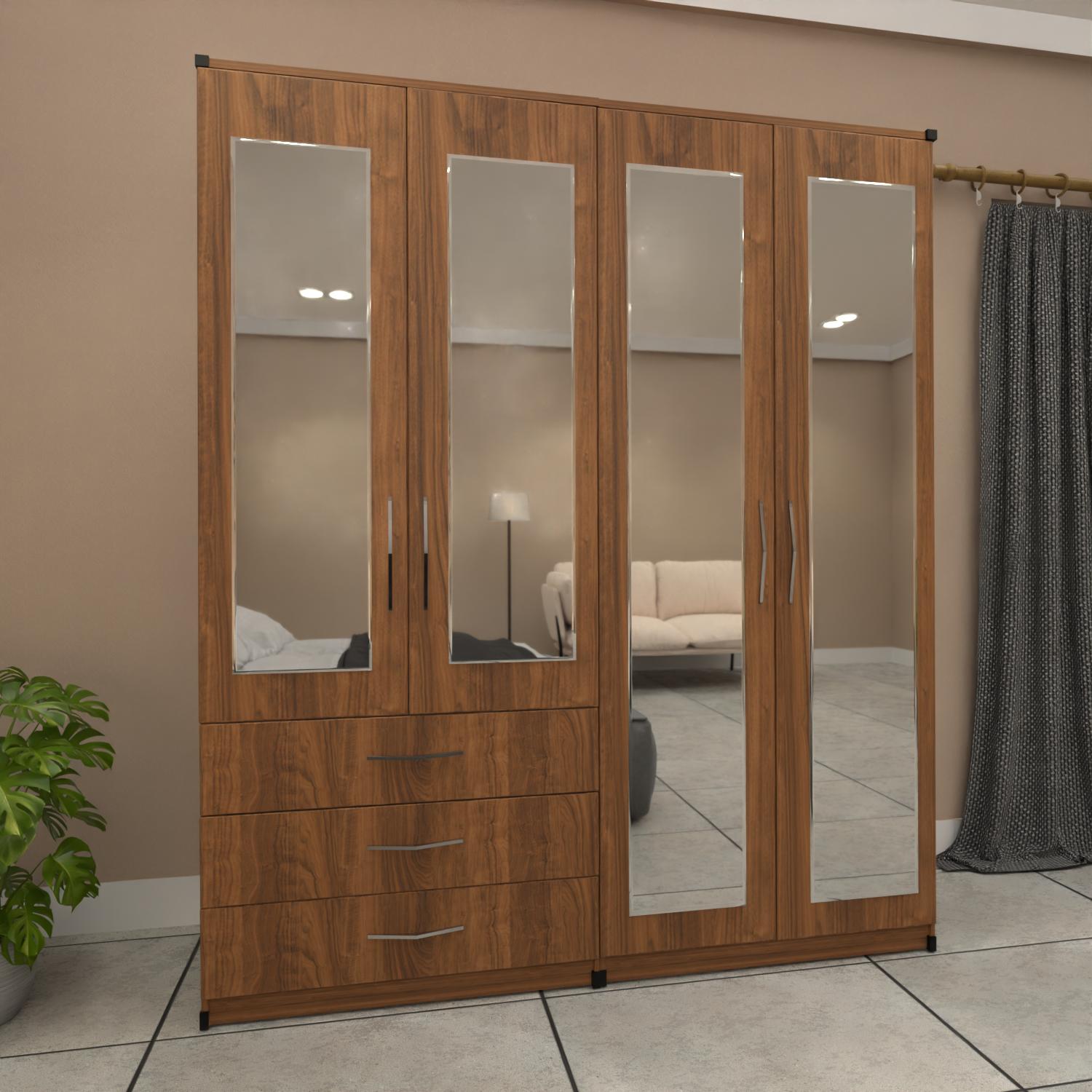 Walnut  4 door mirrored wardrobe with spacious drawer storage