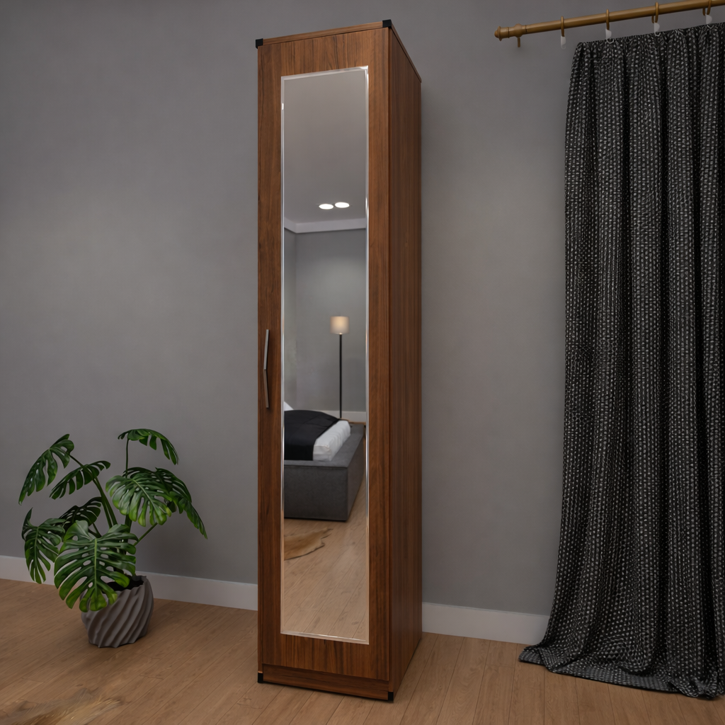 Walnut  slim mirrored wardrobe for compact bedroom interiors