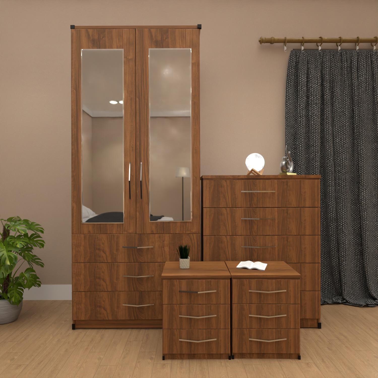 Walnut  2 door mirrored wardrobe set with 3 drawers, bedside tables and chest of drawers – pre assembled bedroom furniture