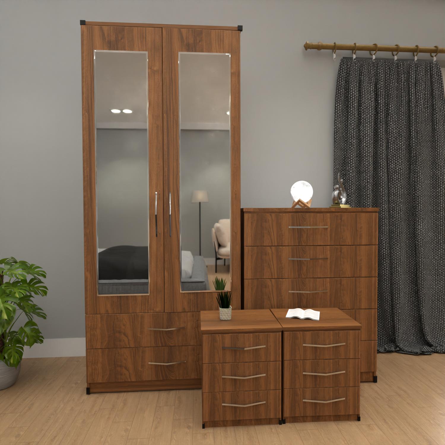 Walnut 2 door mirrored wardrobe furniture set with 3 drawer bedside cabinets and 5 drawer chest