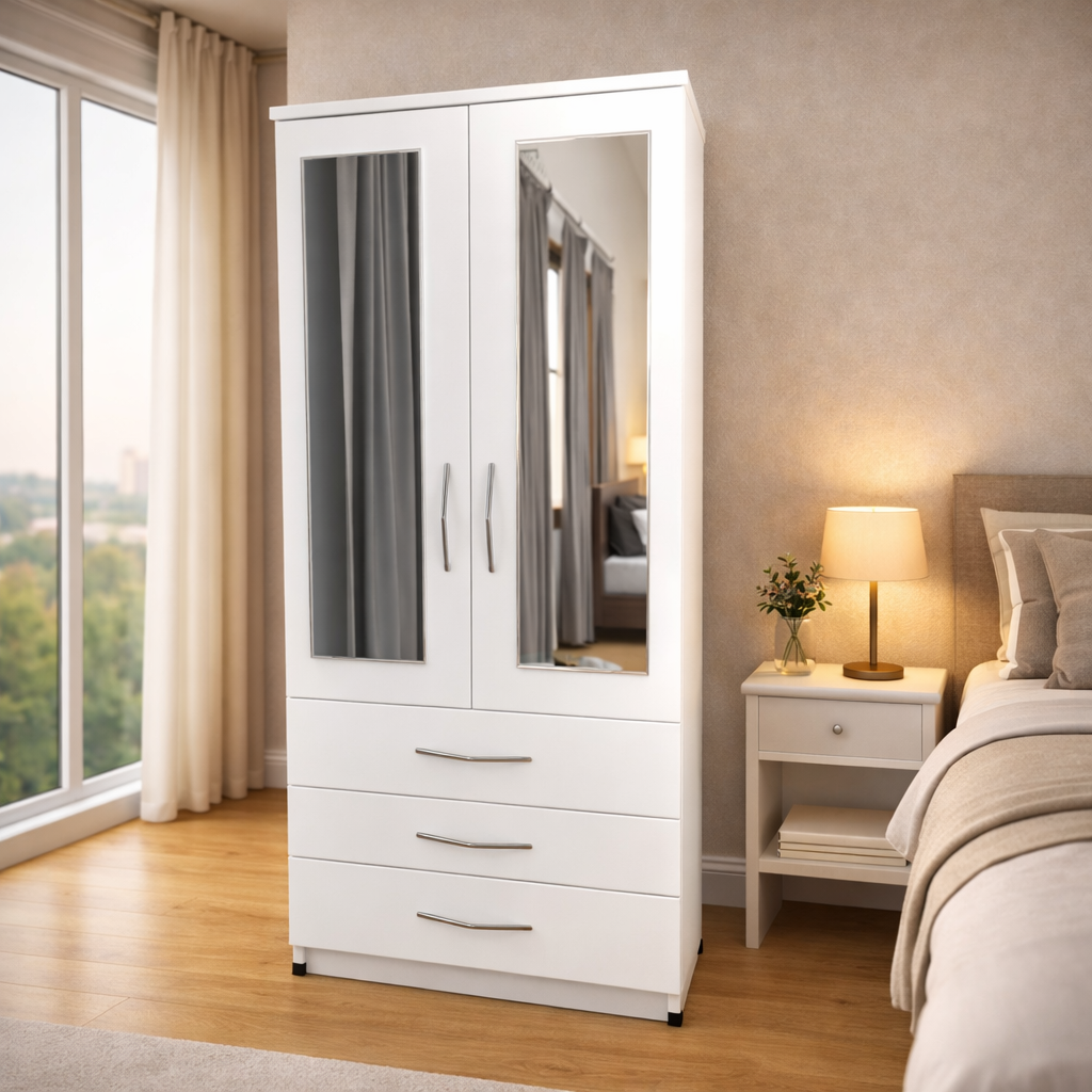 White 2 door mirrored wardrobe with 3 storage drawers