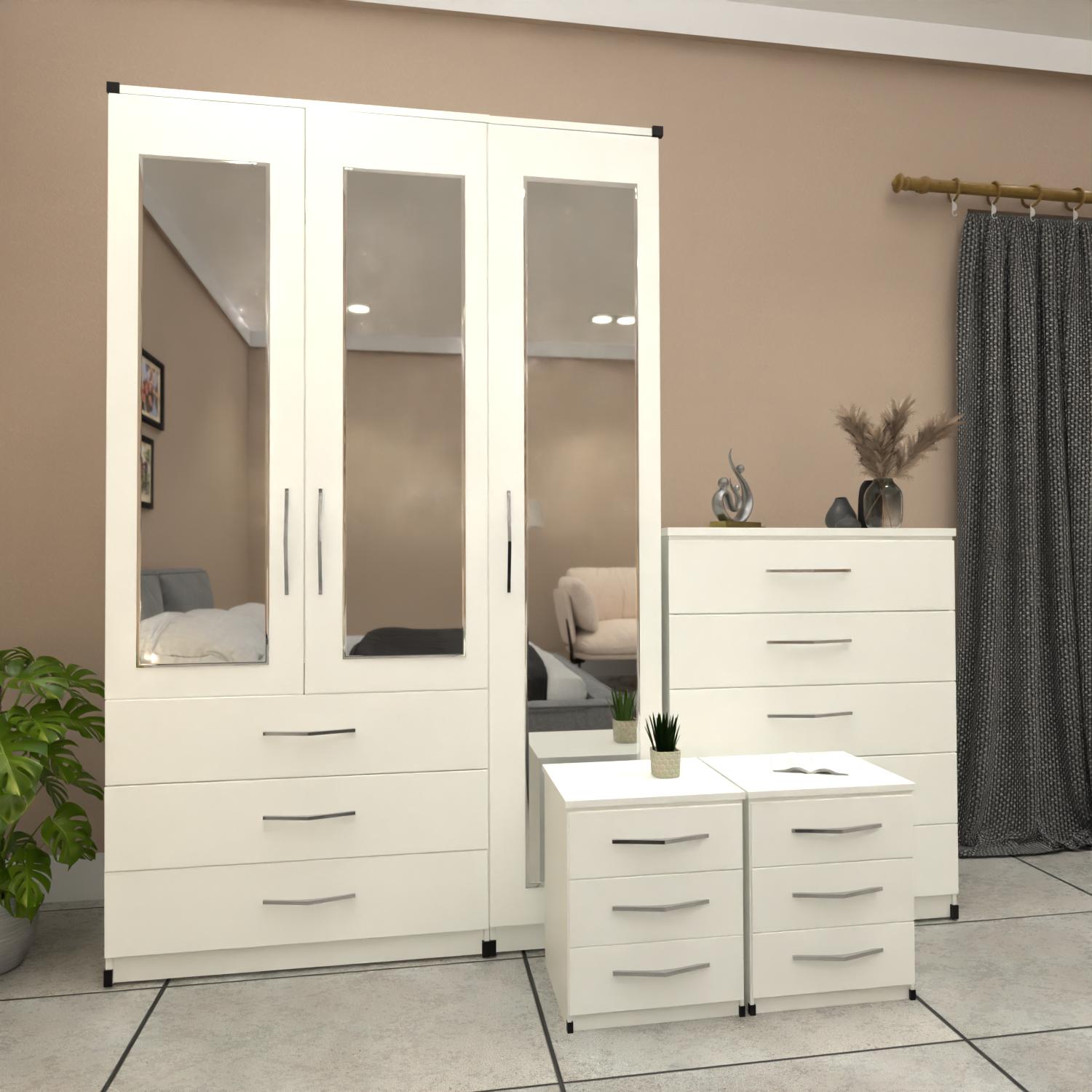 White 3 door mirrored wardrobe bedroom furniture set with bedside tables and chest of drawers