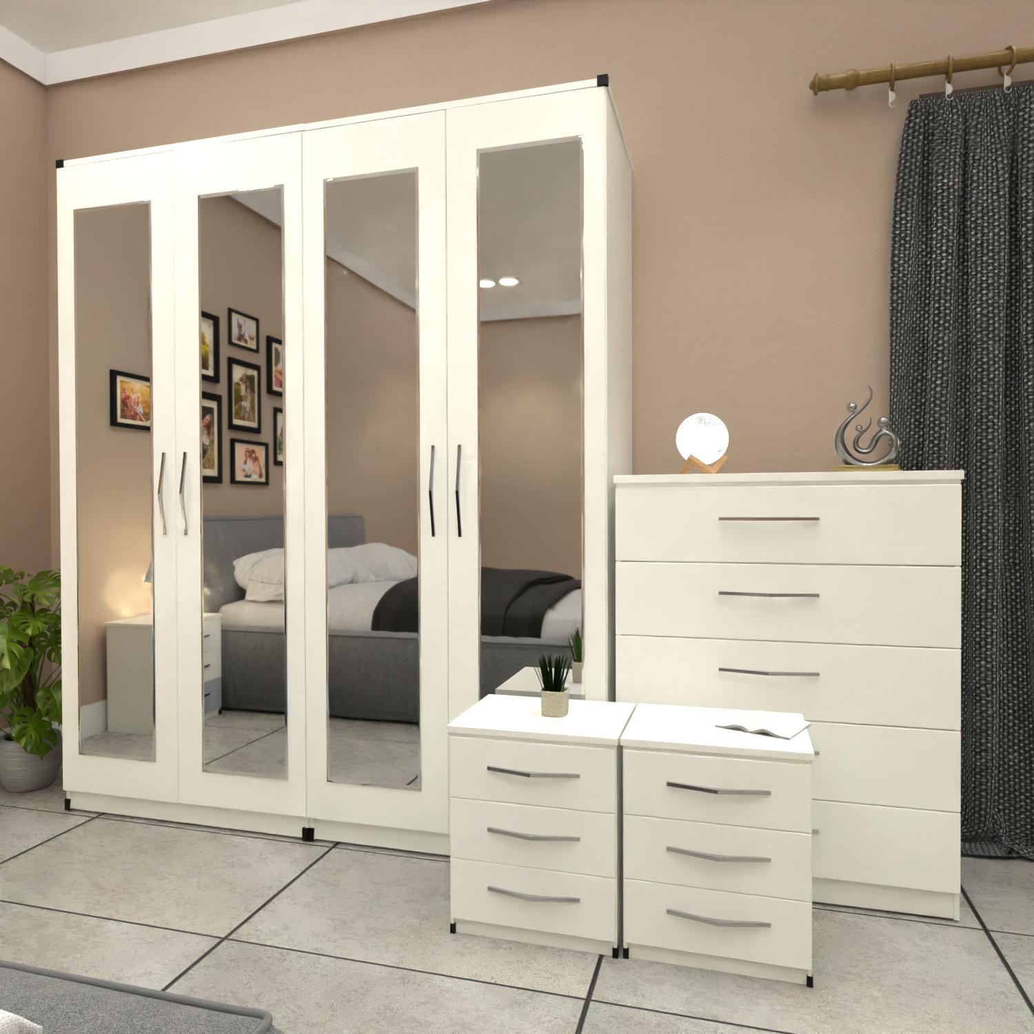 White 4 door mirrored wardrobe furniture set with 2 bedside cabinets and chest drawers