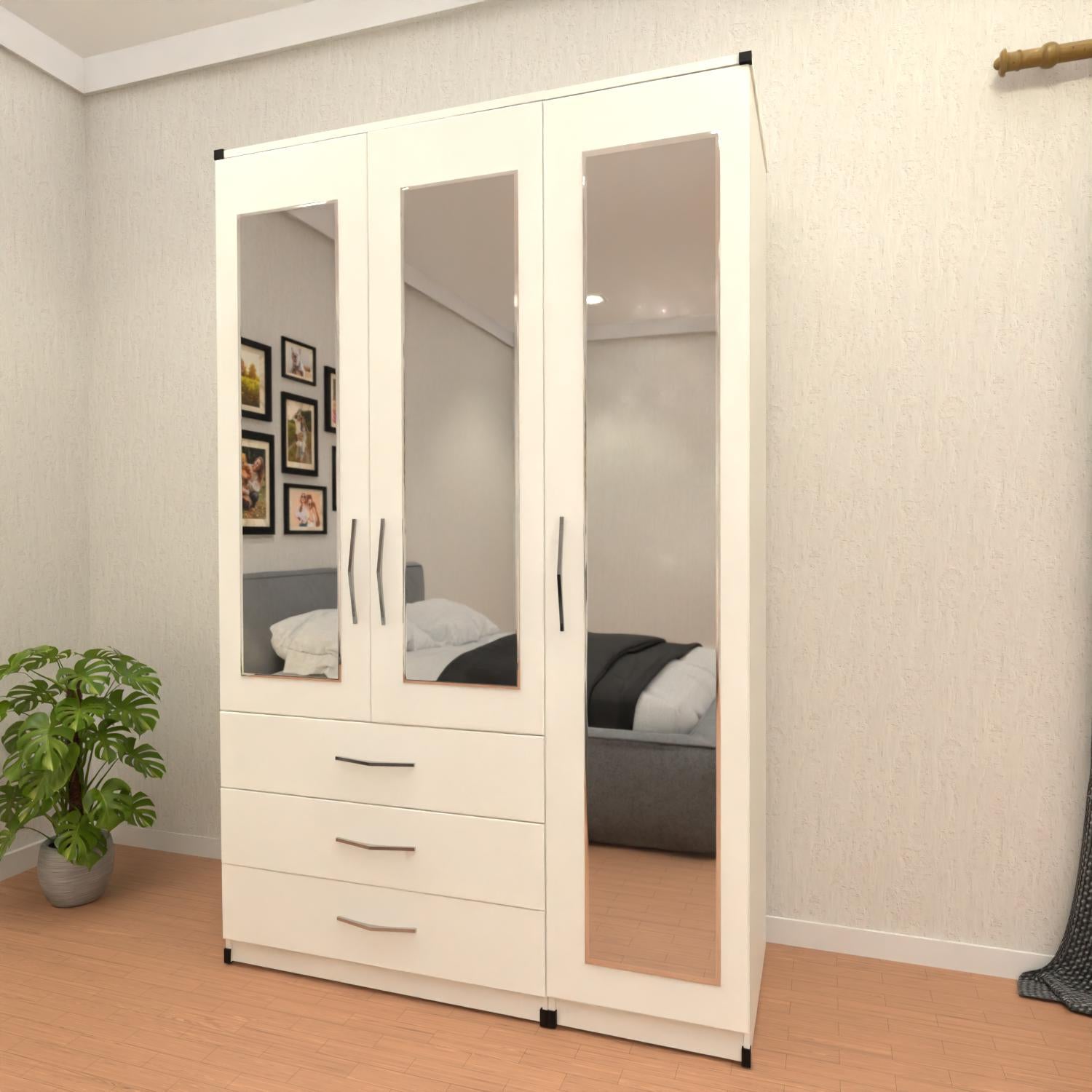 White 3 door wardrobe with spacious drawer storage