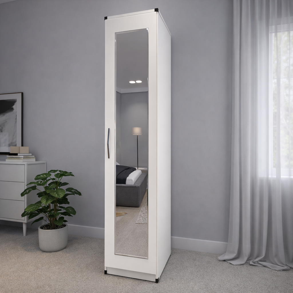White slim mirrored wardrobe for compact bedroom interiors