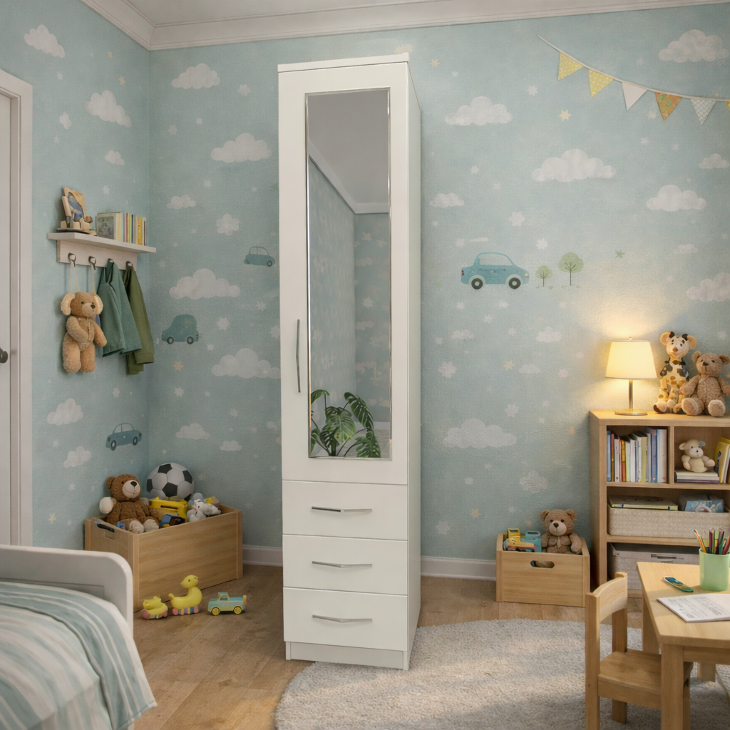 white slim single door mirrored wardrobe with storage drawers