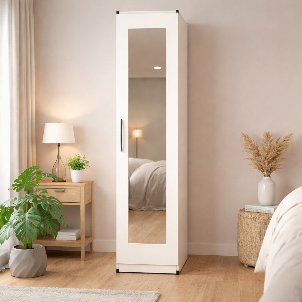 White slim mirrored wardrobe for compact bedroom interiors