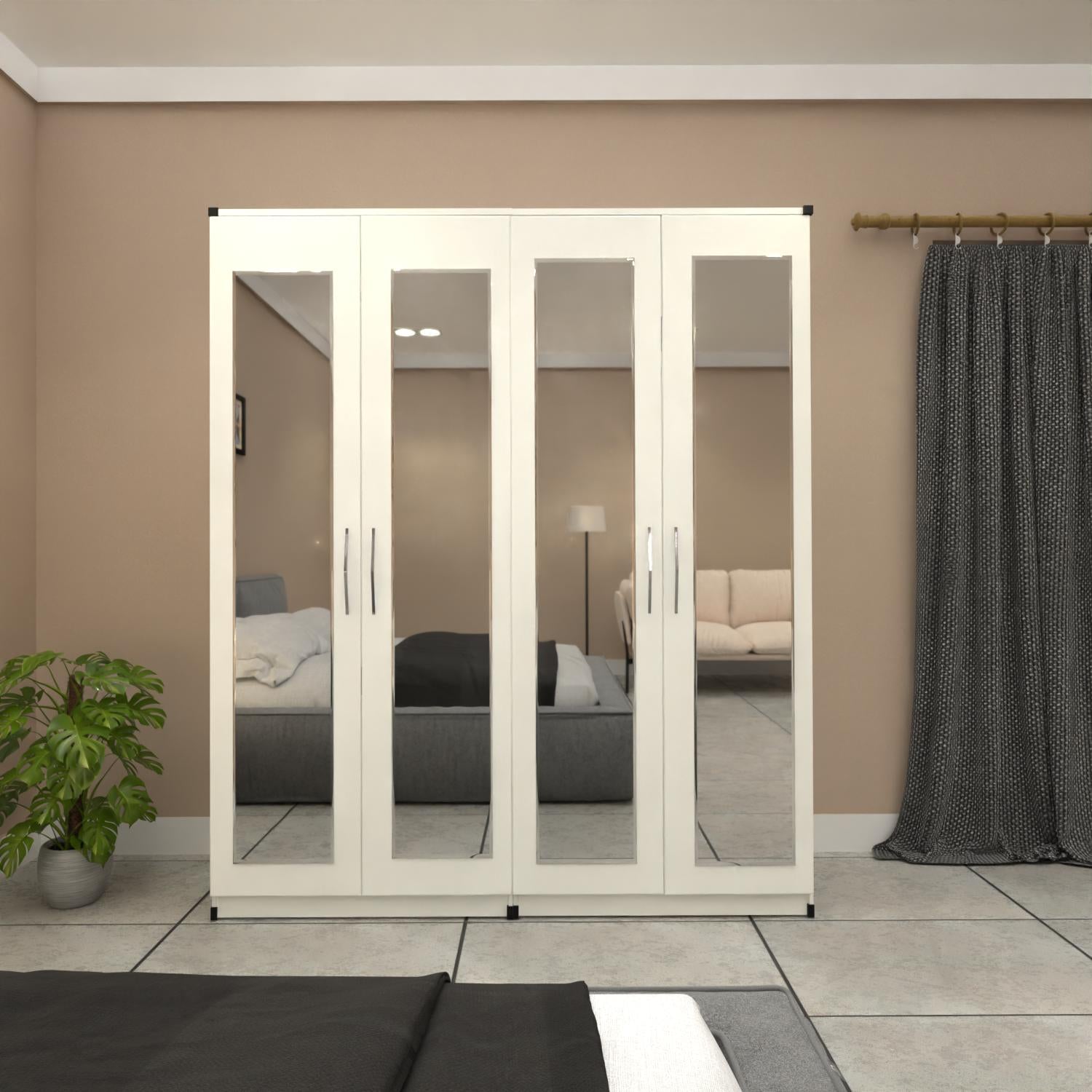 White 4 door mirrored wardrobe with spacious bedroom storage