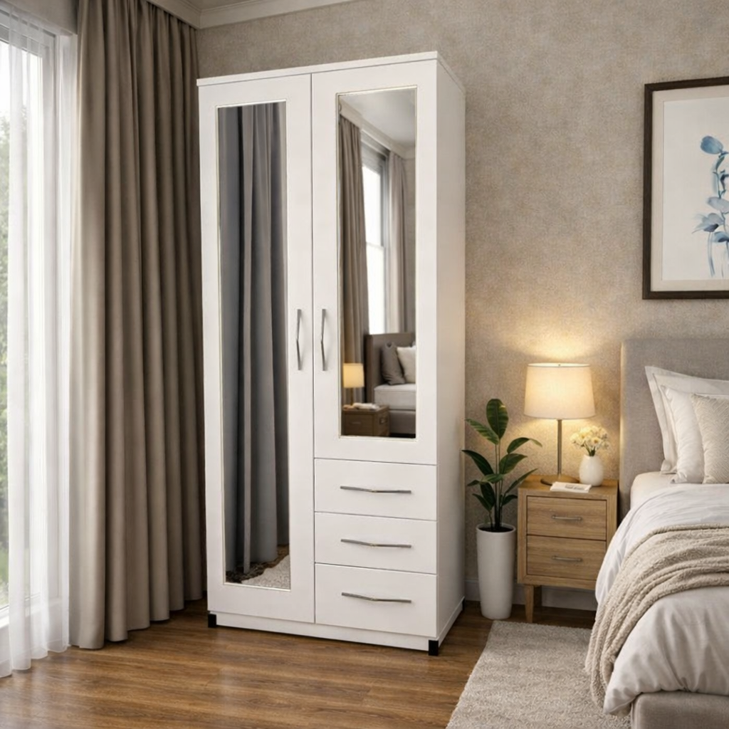 White modern combi wardrobe with side drawers for bedroom storage