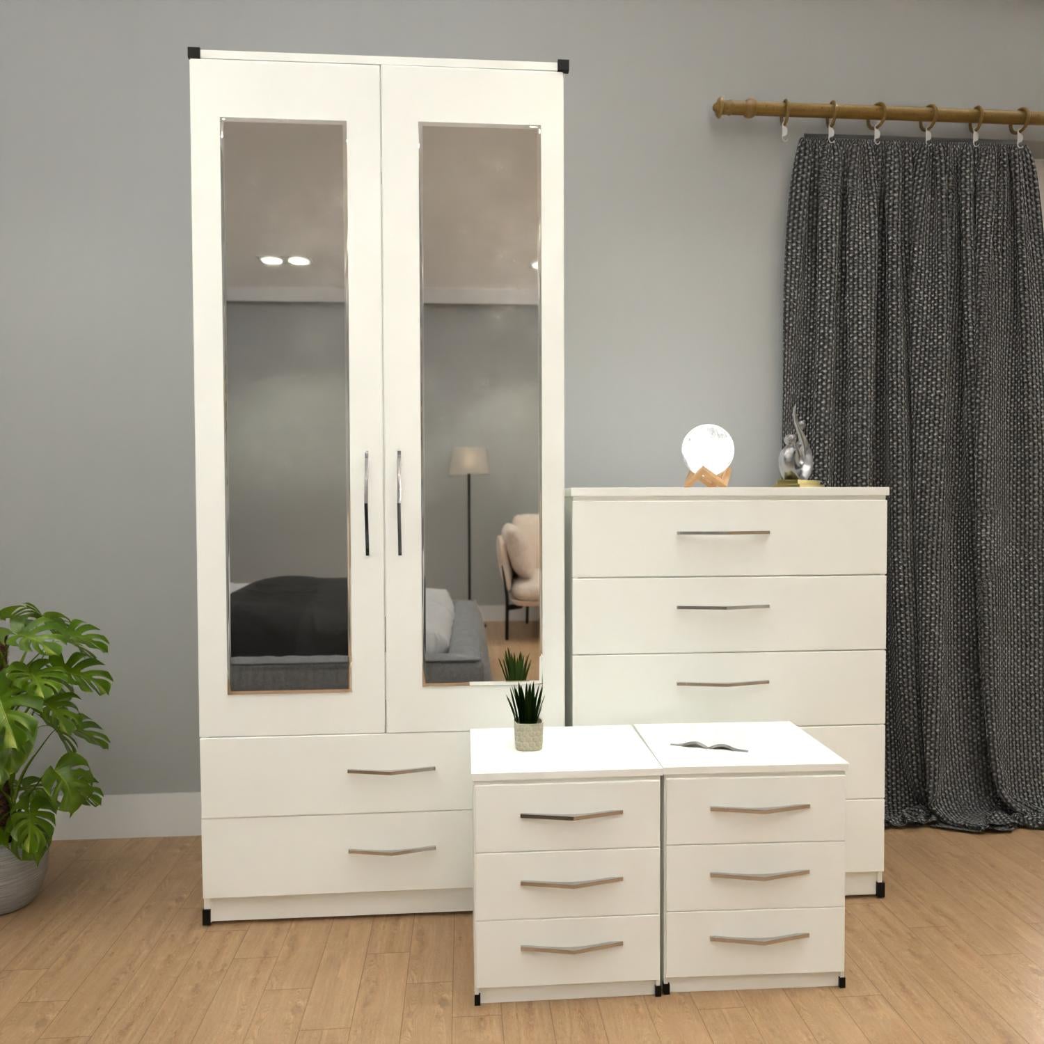 White 2 door mirrored wardrobe furniture set with 3 drawer bedside cabinets and 5 drawer chest