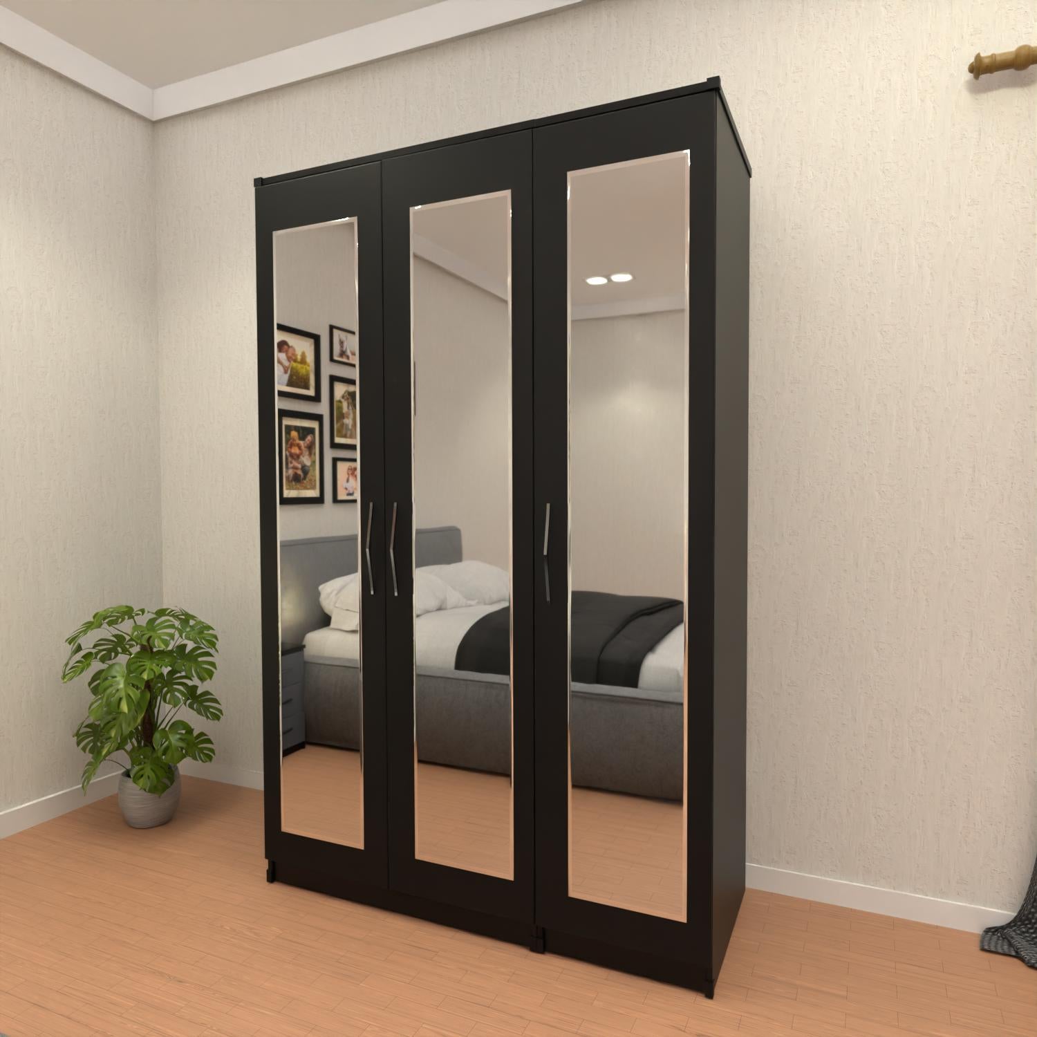 Black 3 door mirrored wardrobe with spacious hanging storage