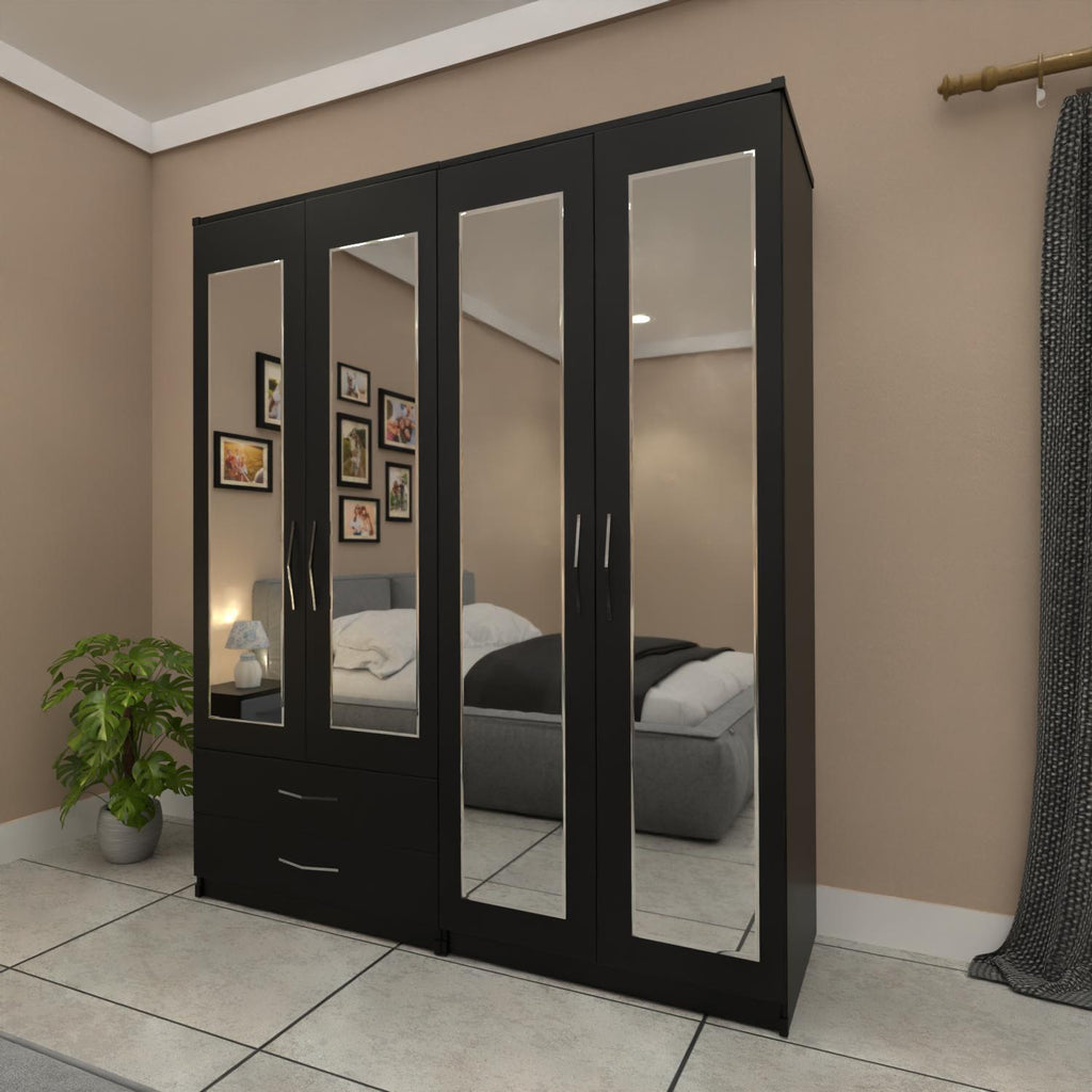 Black 4 door mirrored wardrobe furniture set with storage drawers