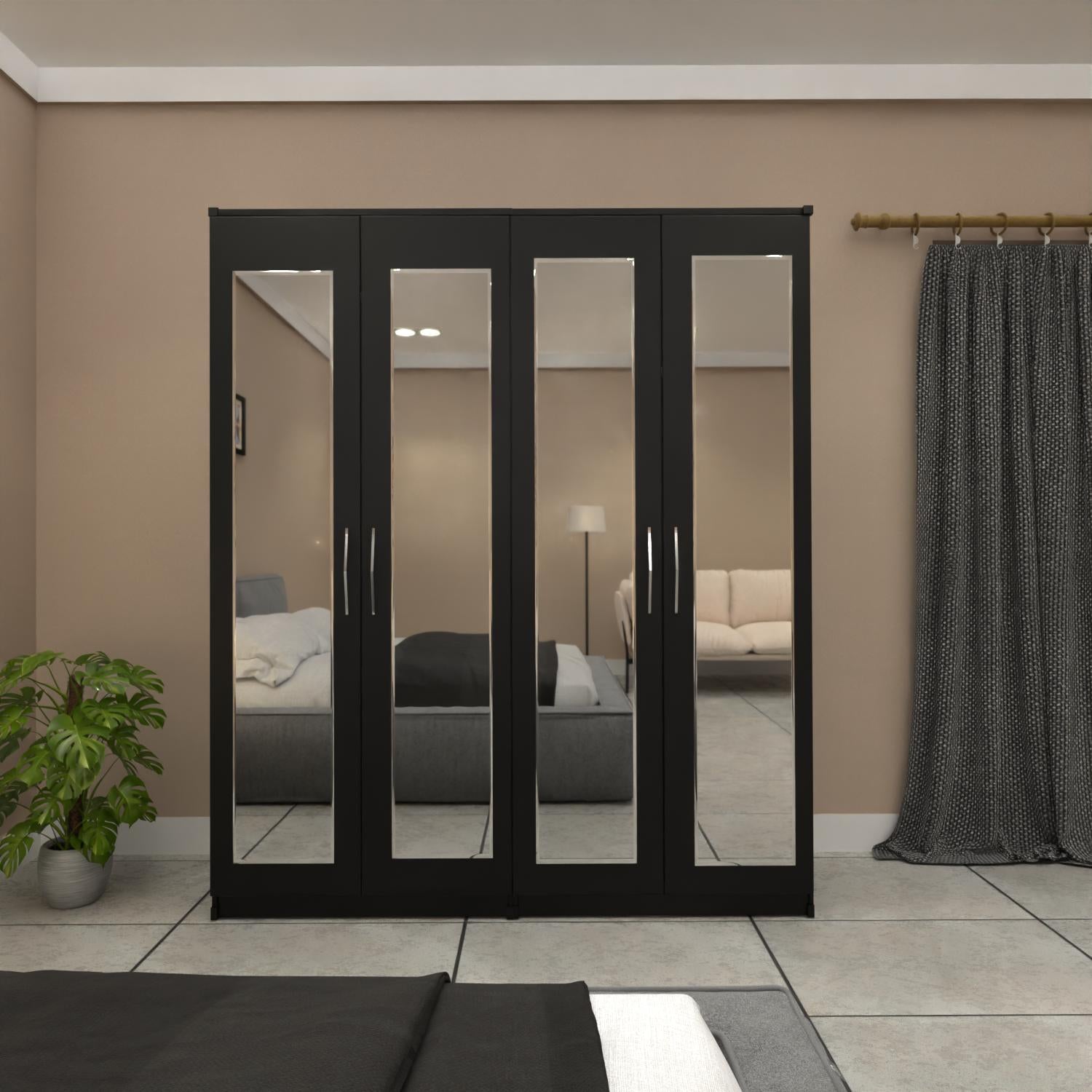 Black 4 door mirrored wardrobe with spacious bedroom storage