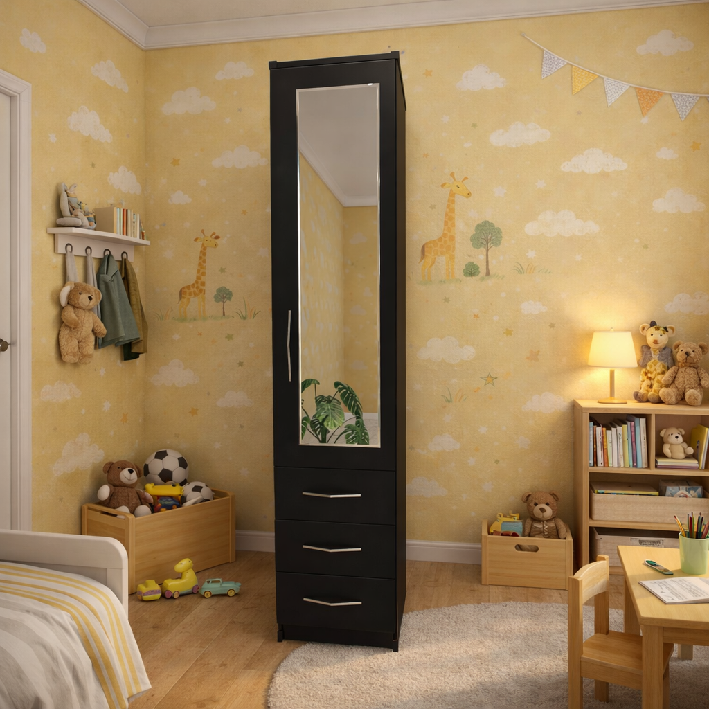 black slim single door mirrored wardrobe with storage drawers