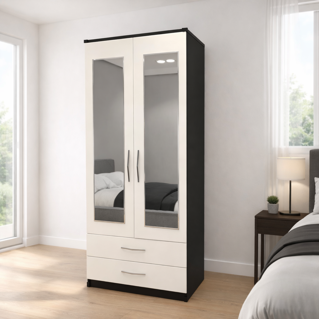 Black & White finish 2 door mirrored wardrobe with drawer storage