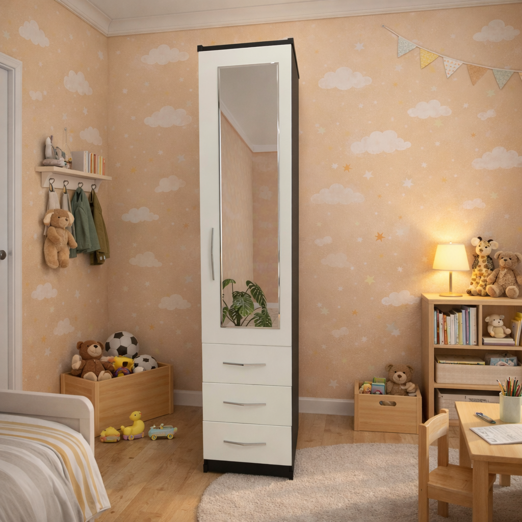 Black & White slim single door mirrored wardrobe with storage drawers