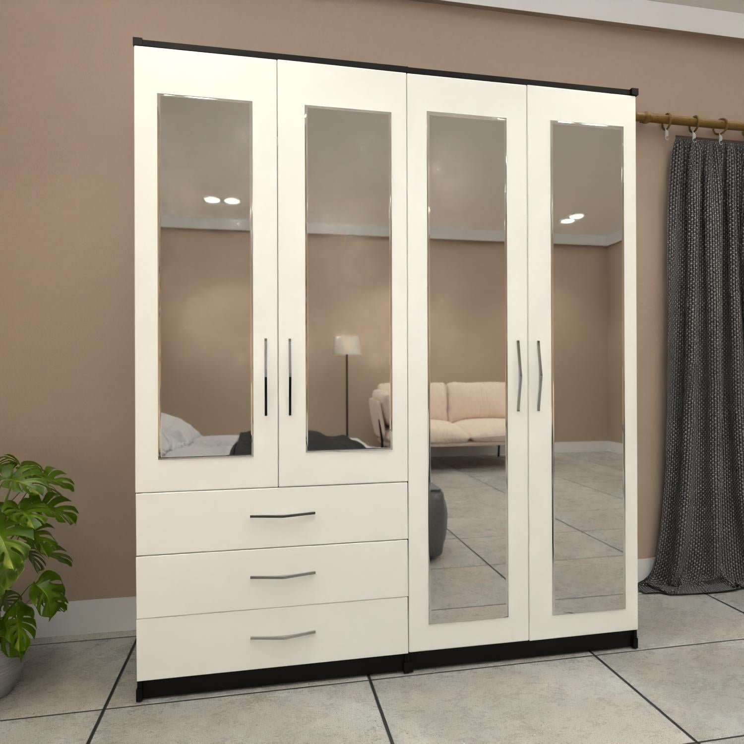 Black & white 4 door mirrored wardrobe with spacious drawer storage