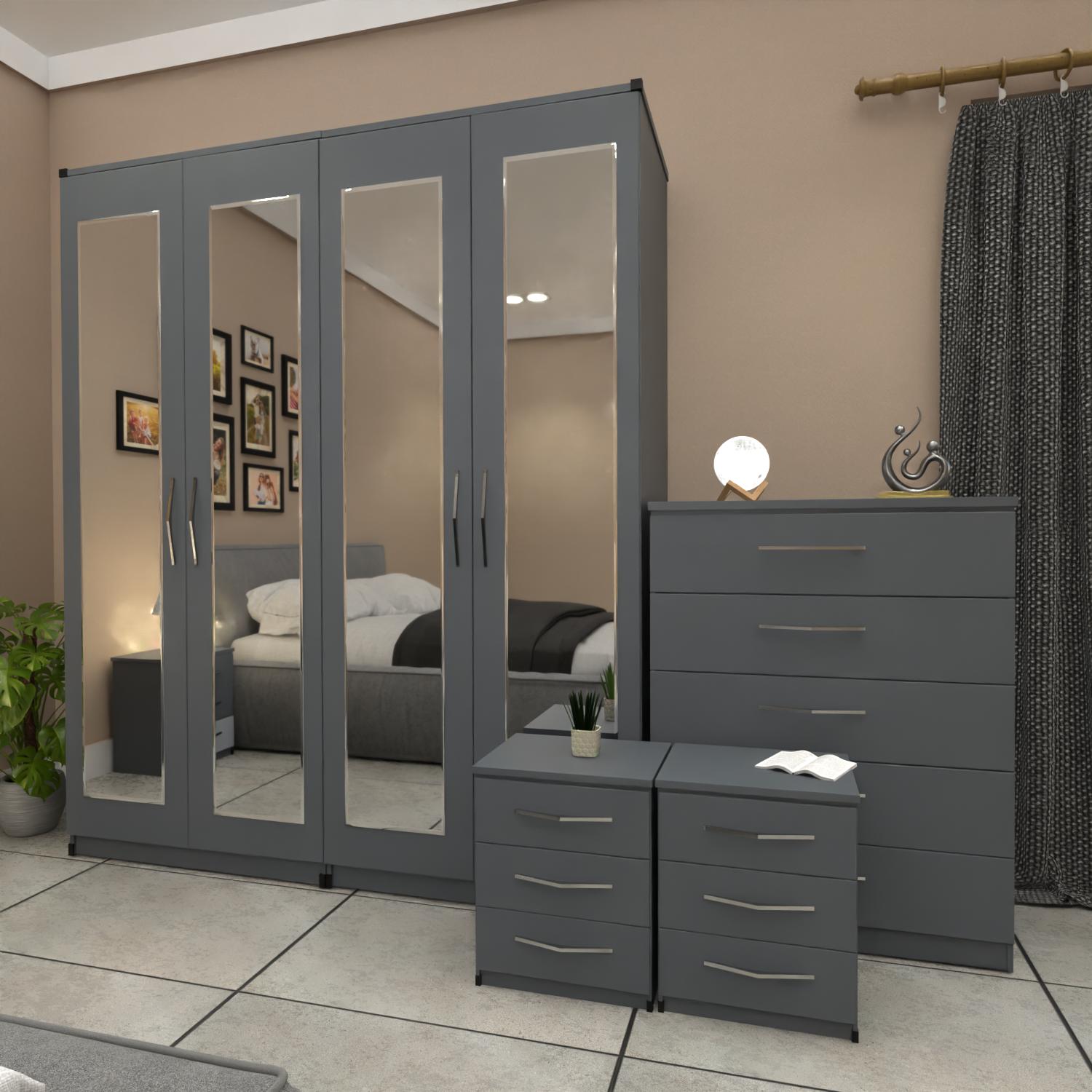 Grey 4 door mirrored wardrobe furniture set with 2 bedside cabinets and chest drawers