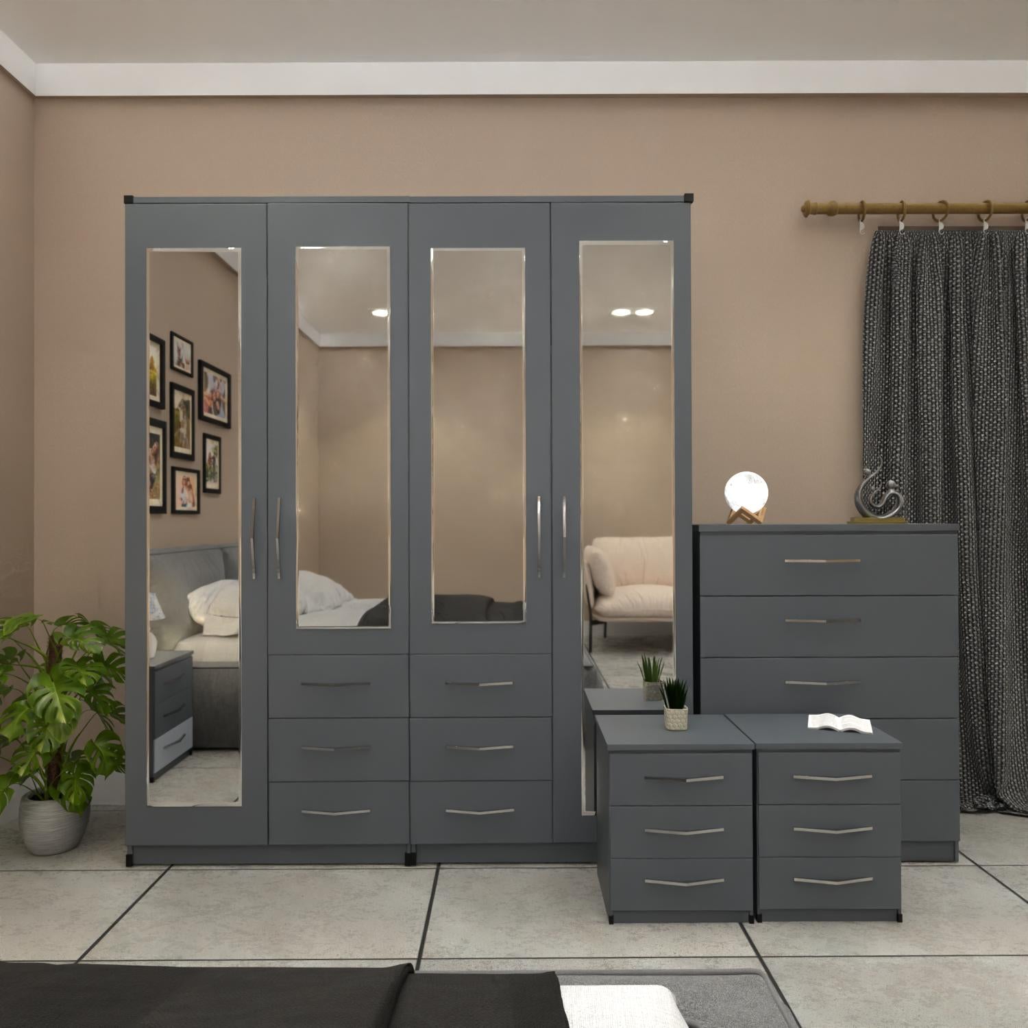 Grey 4 door mirrored combi wardrobe bedroom set with bedside tables and chest of drawers