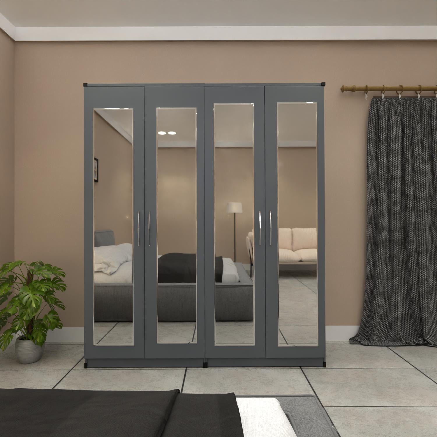 Grey 4 door mirrored wardrobe with spacious bedroom storage