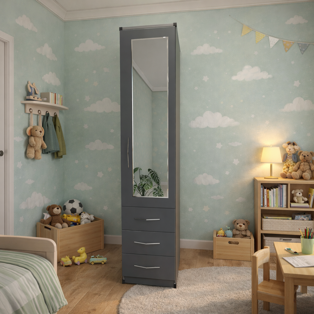  Grey slim single door mirrored wardrobe with storage drawers