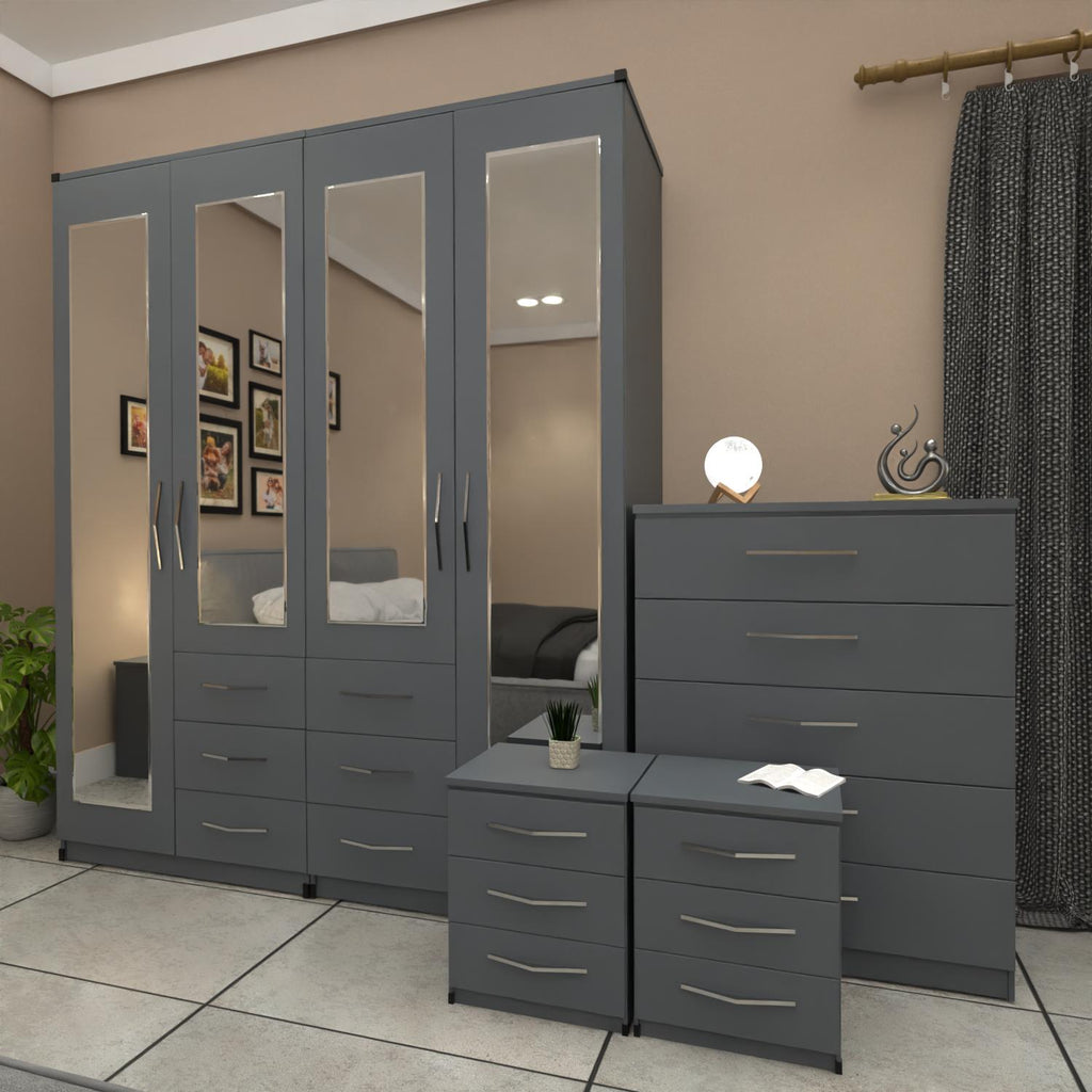 Grey 4 door mirrored combi wardrobe bedroom set with bedside tables and chest of drawers
