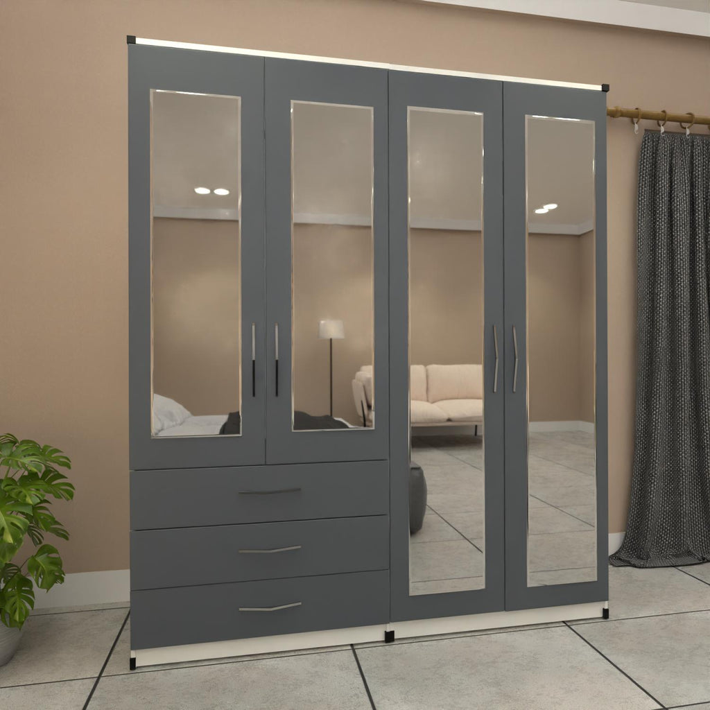 Grey 4 door mirrored wardrobe with 3 storage drawers for modern bedrooms