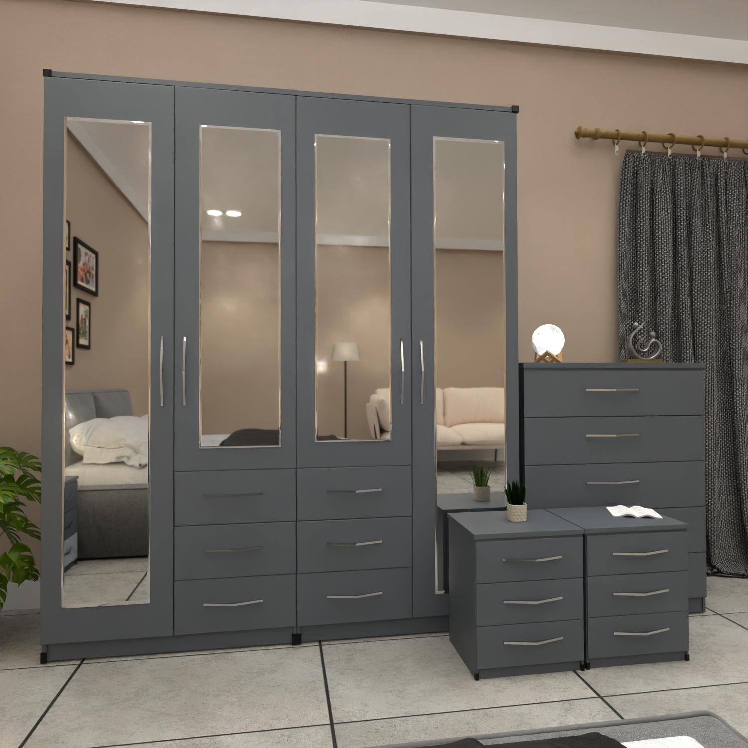 Grey 4 door mirrored combi wardrobe bedroom set with bedside tables and chest of drawers