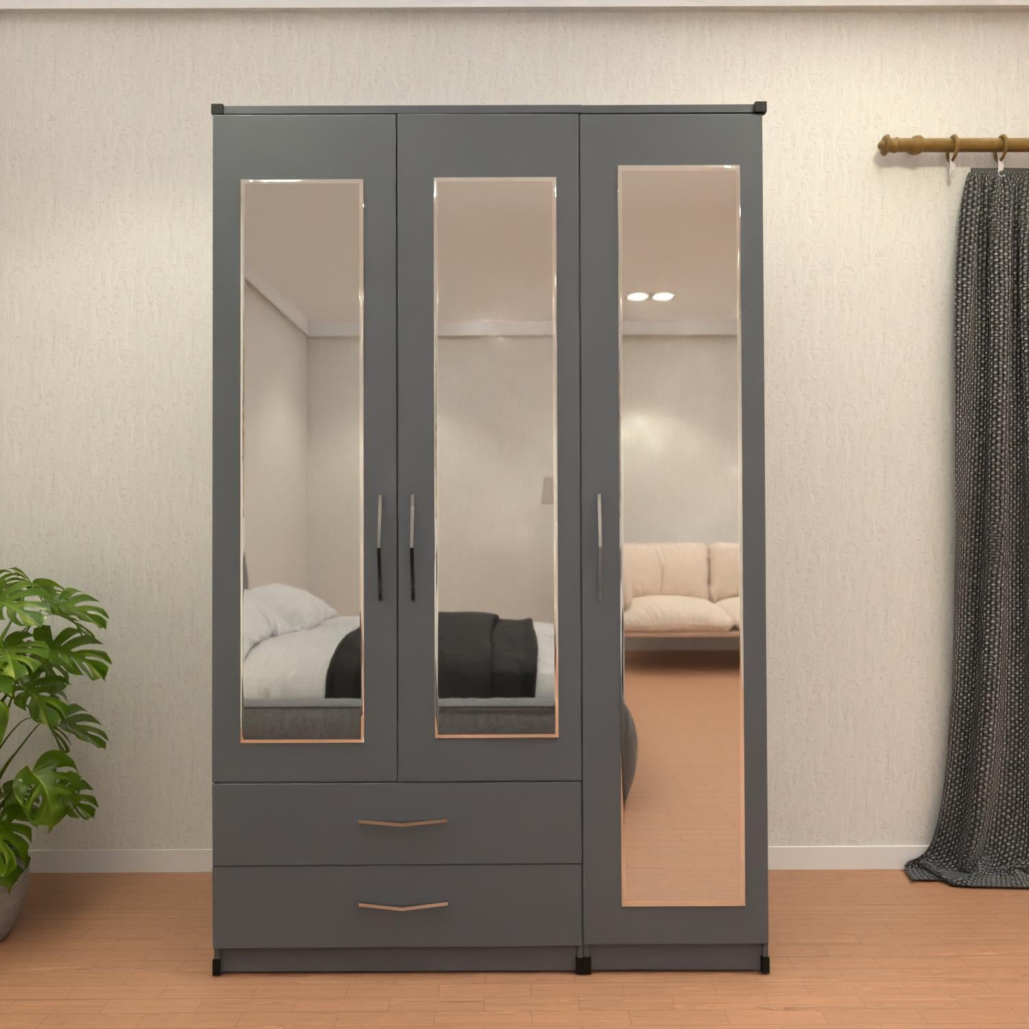 Grey 3 door mirrored wardrobe with storage drawers