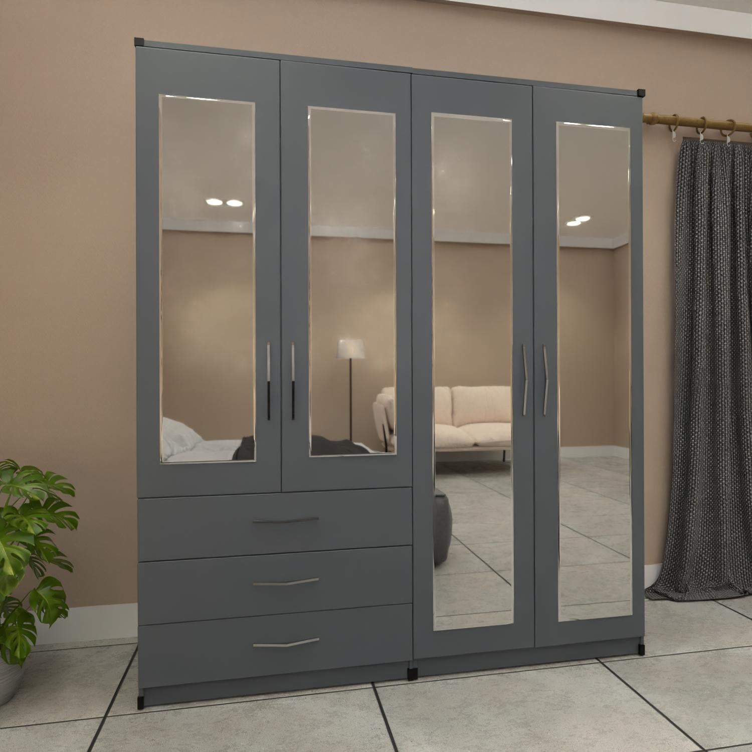 Grey 4 door mirrored wardrobe with spacious drawer storage