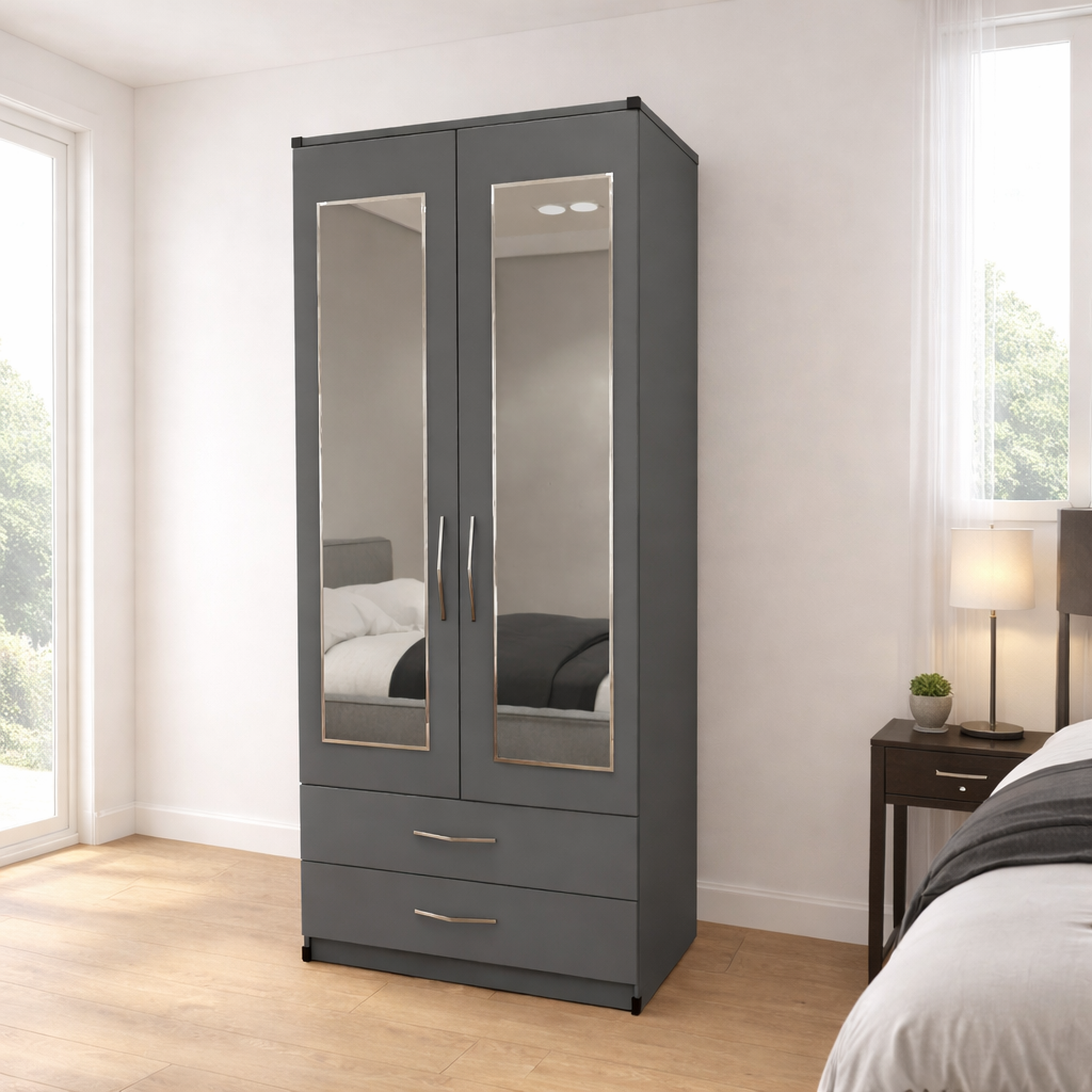 grey  finish 2 door mirrored wardrobe with drawer storage