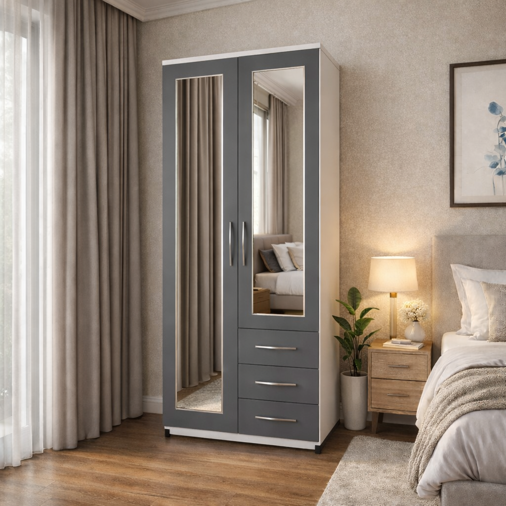Grey & White  2 door combi wardrobe with side drawers and hanging storage