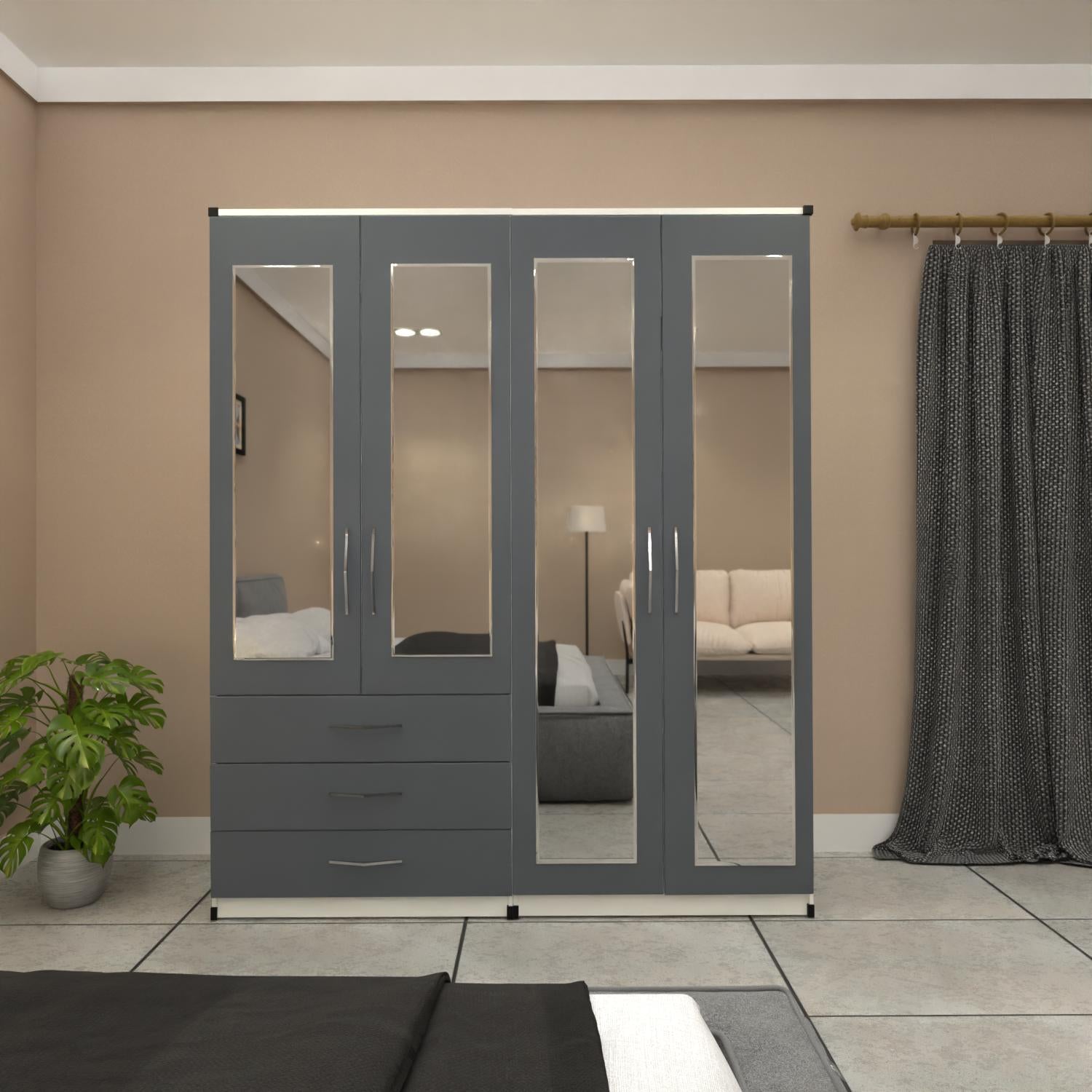 Grey & White 4 door mirrored wardrobe with 3 storage drawers for modern bedrooms