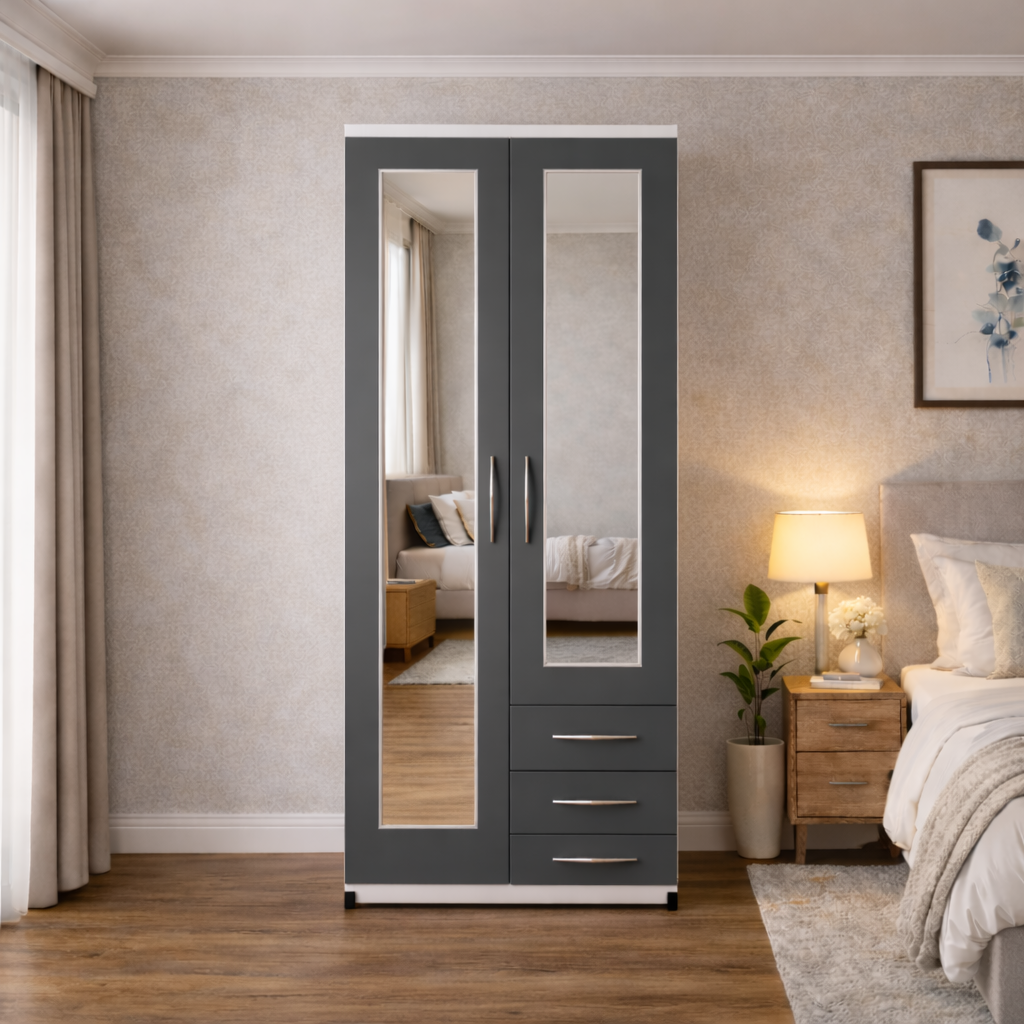 Grey & White 2 door combi wardrobe with side drawers and hanging storage
