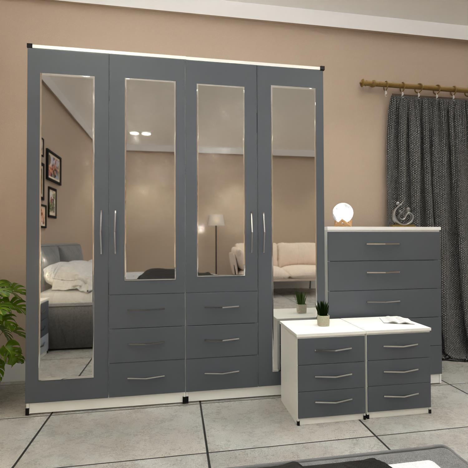 Grey & White 4 door mirrored combi wardrobe bedroom set with bedside tables and chest of drawers