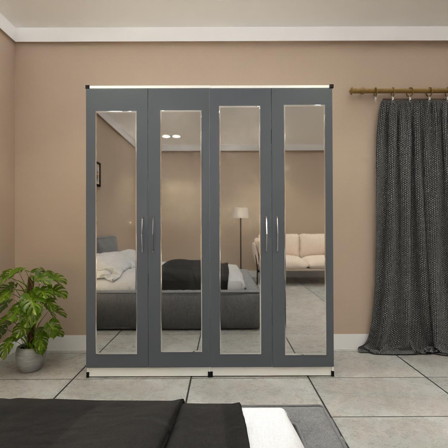 Grey & White 4 door mirrored wardrobe with spacious bedroom storage