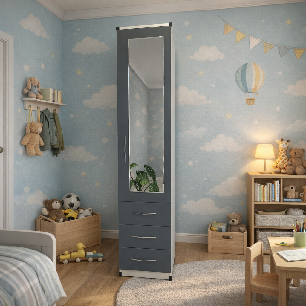 grey & white  slim single door mirrored wardrobe with storage drawers