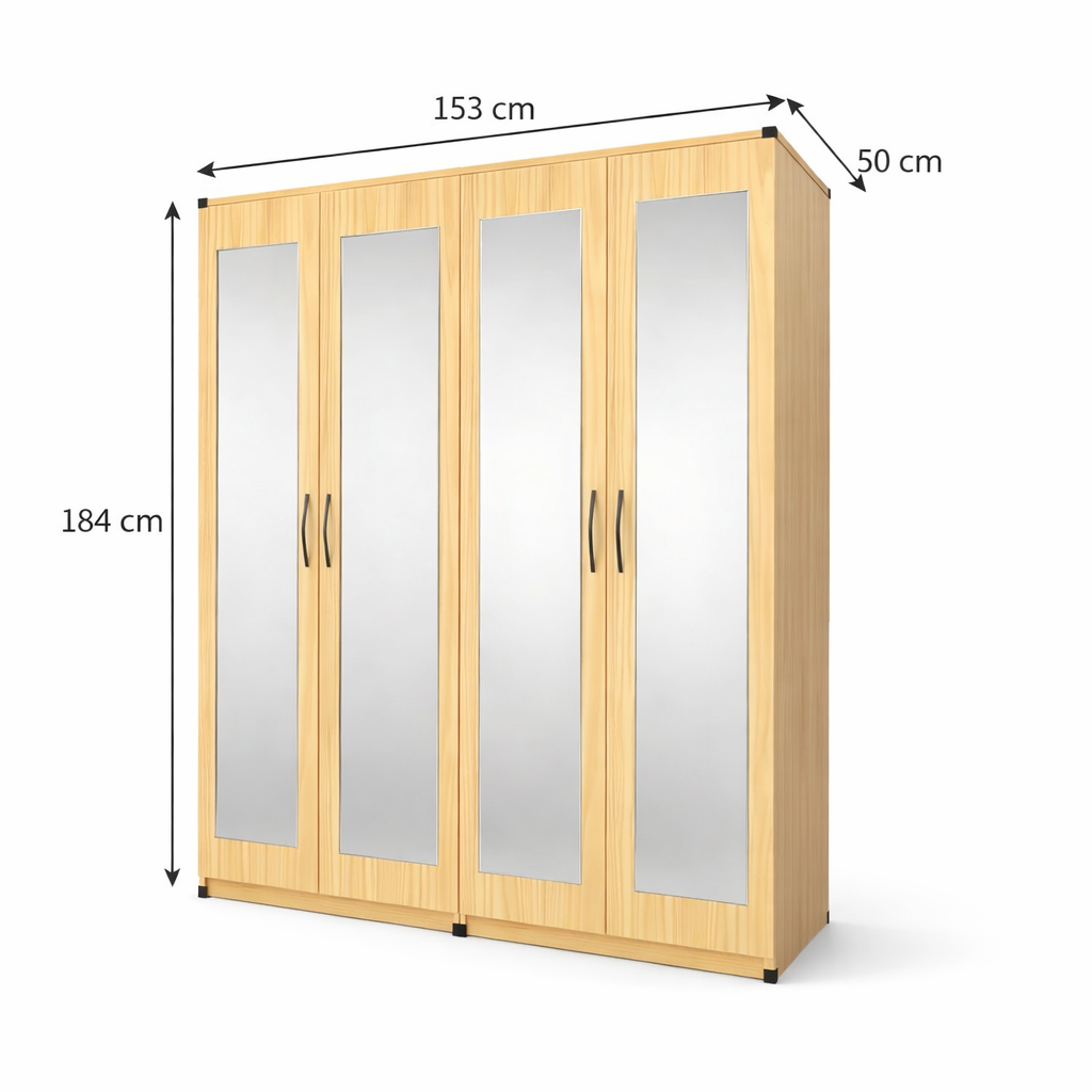Dimensions image of 4 door mirrored wardrobe bedroom furniture set showing height width and depth