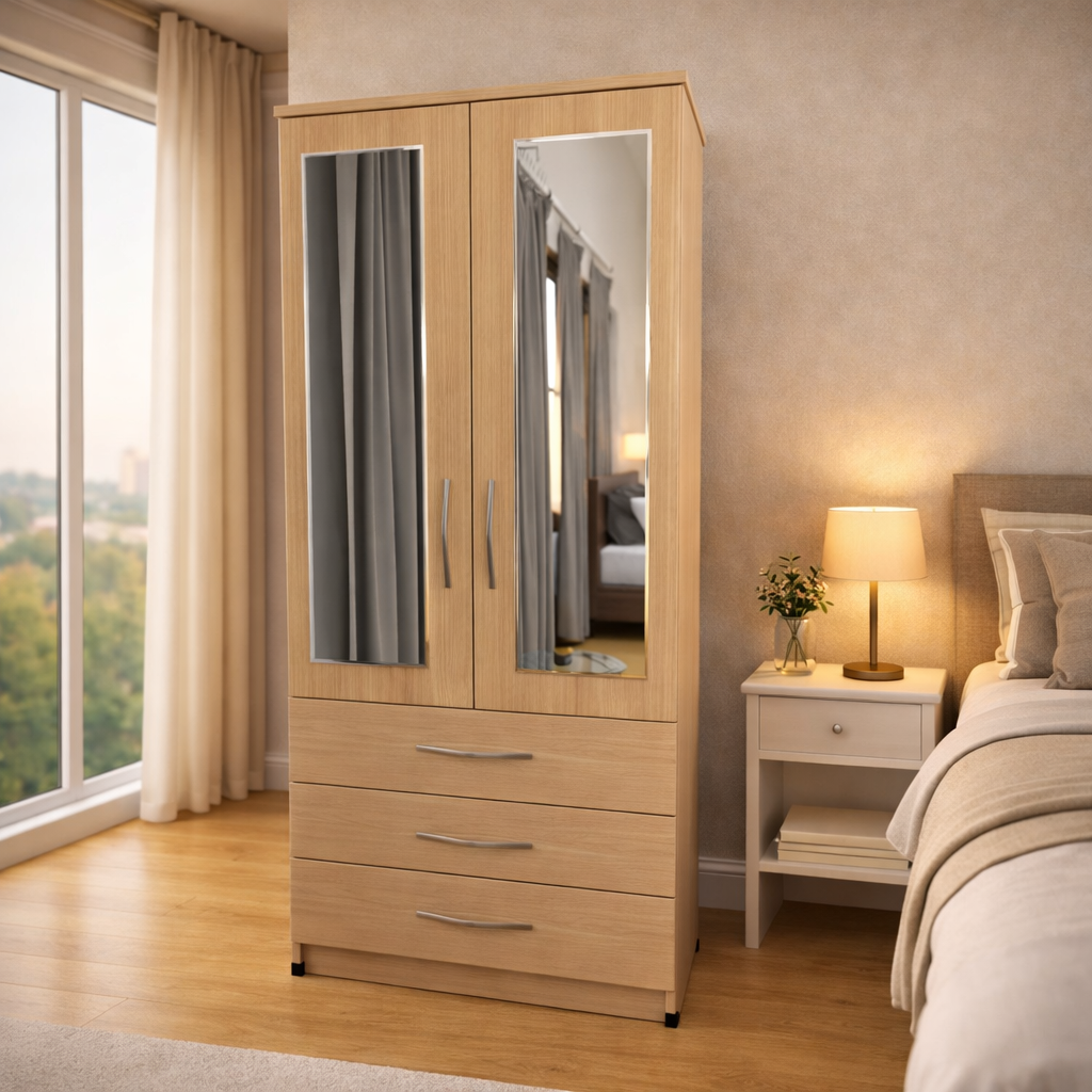 Oak 2 door mirrored wardrobe with 3 storage drawers