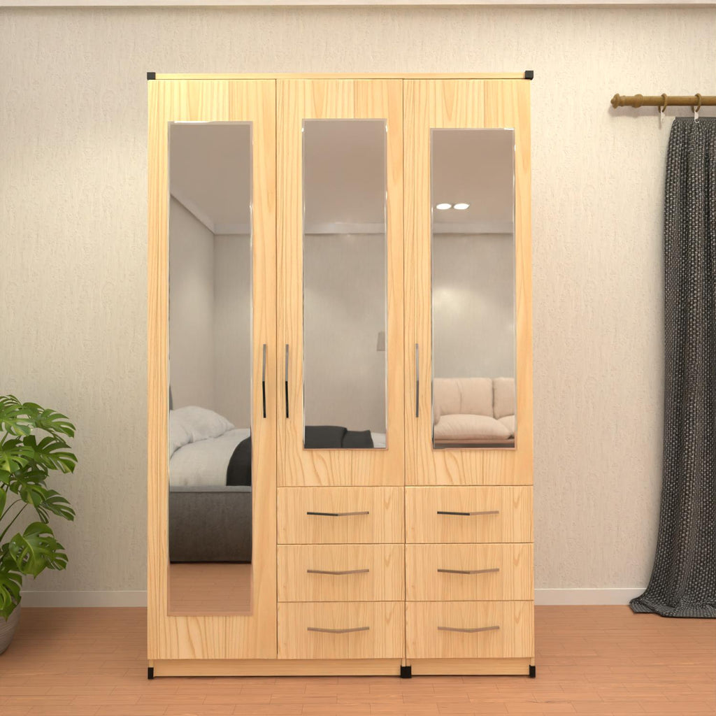 Oak 3 door mirrored combi wardrobe with drawer storage