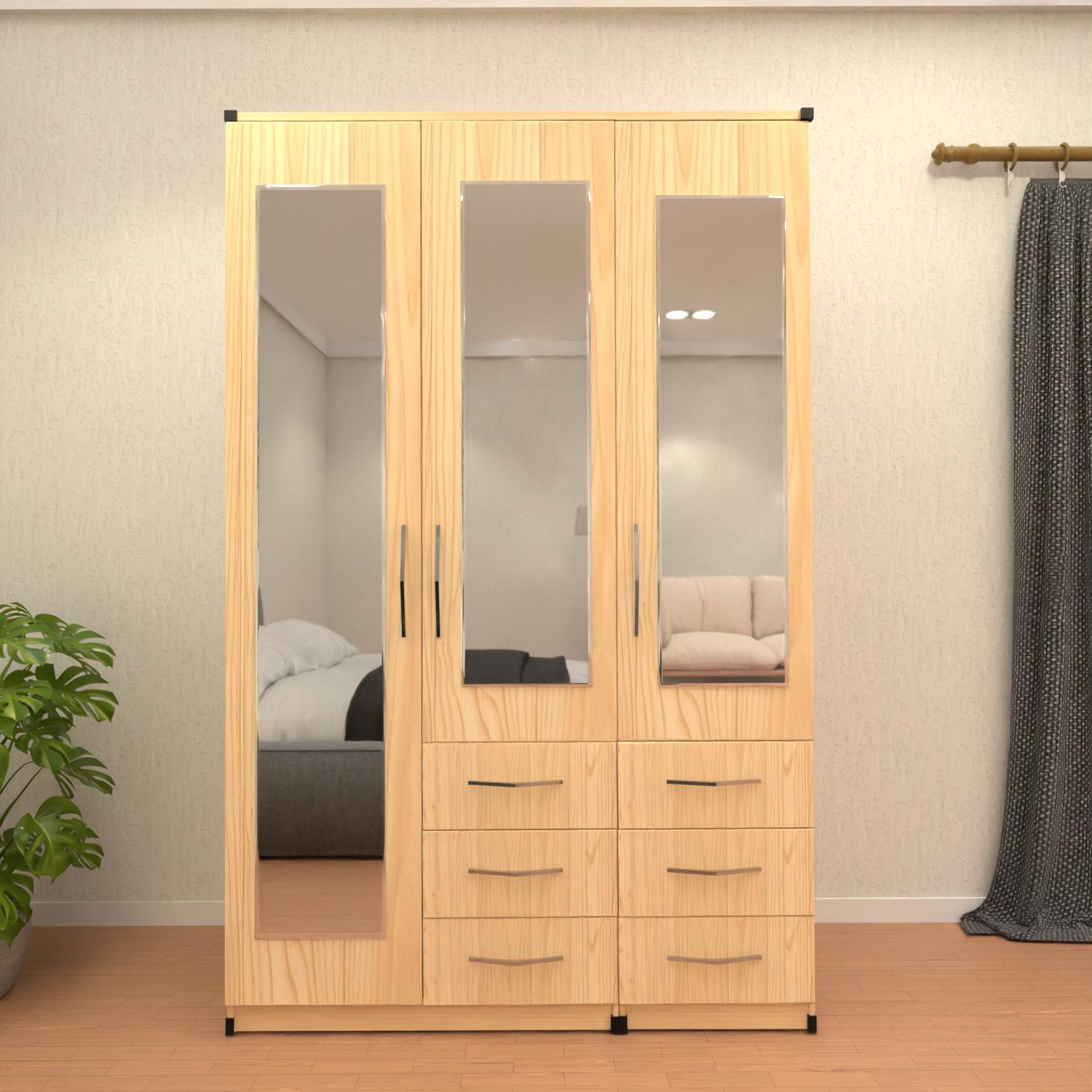 Oak 3 door mirrored combi wardrobe with drawer storage