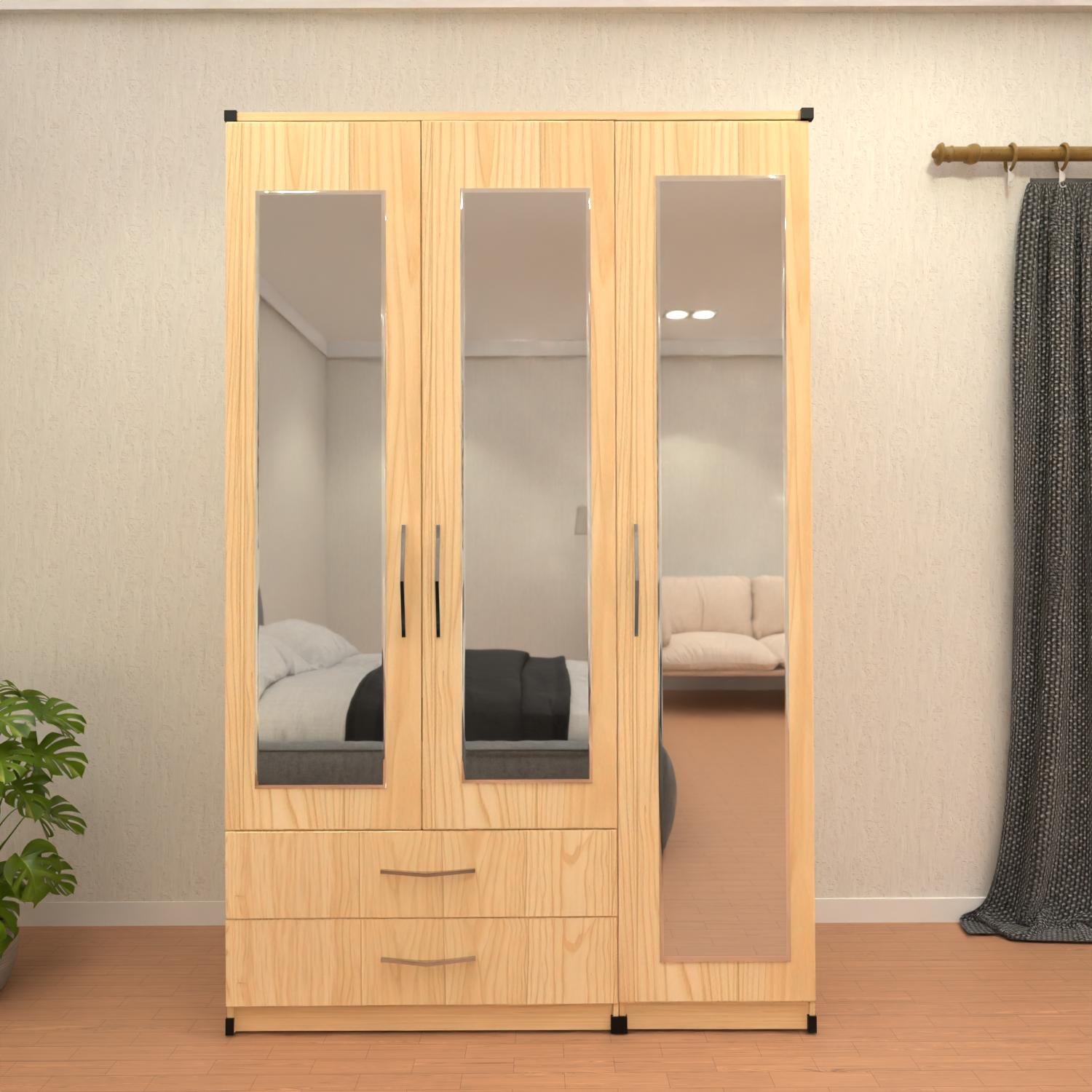 Oak 3 door mirrored wardrobe with storage drawers