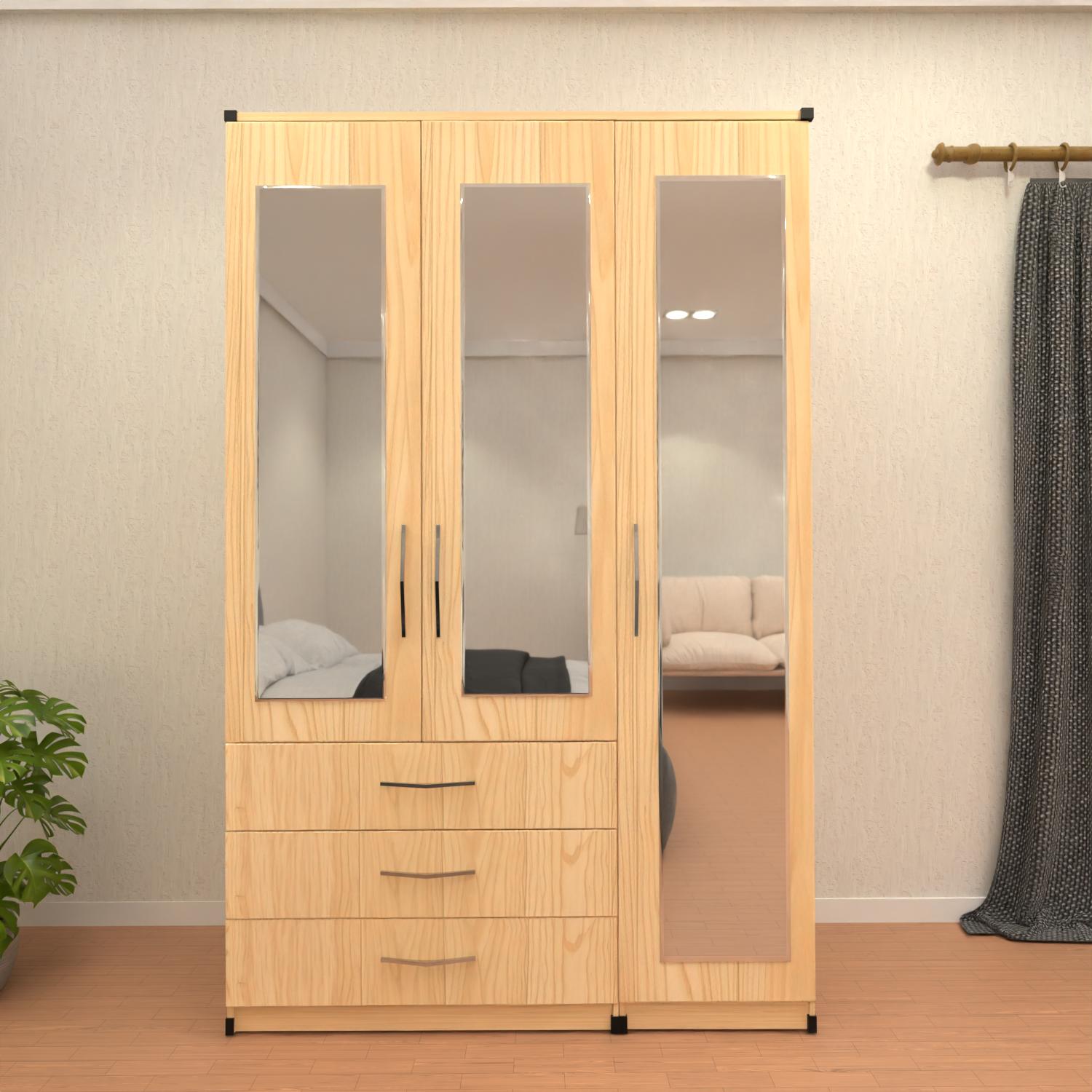 Oak 3 door wardrobe with 3 storage drawers for modern bedroom