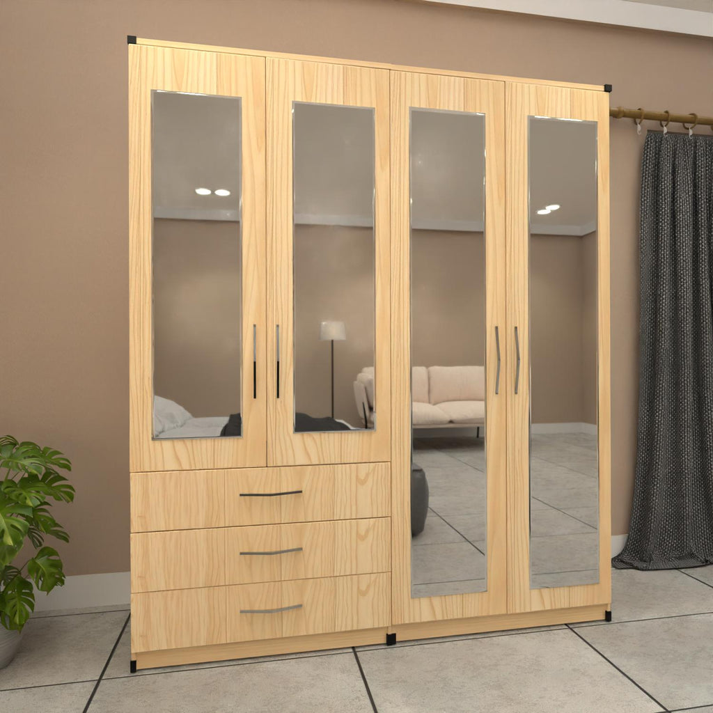 Oak 4 door mirrored wardrobe with spacious drawer storage