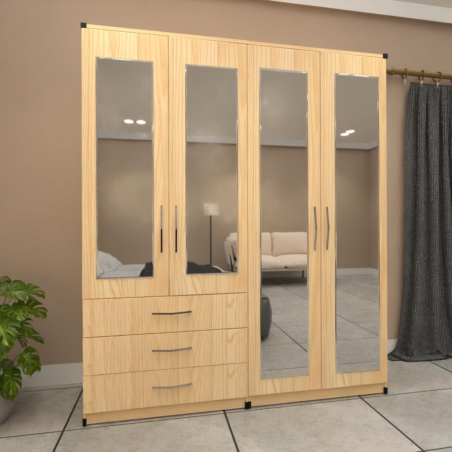 Oak 4 door mirrored wardrobe with spacious drawer storage