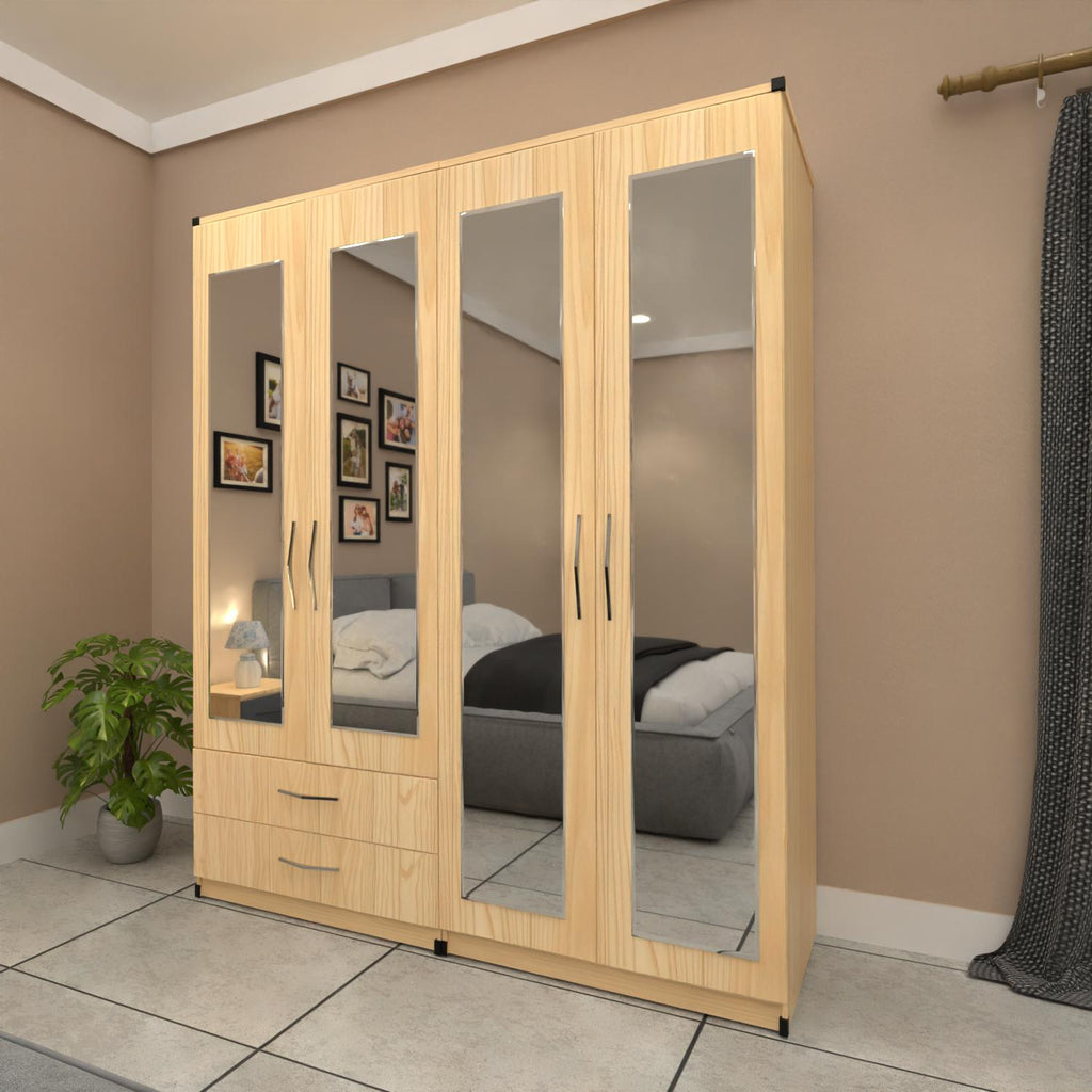 Oak 4 door mirrored wardrobe furniture set with storage drawers
