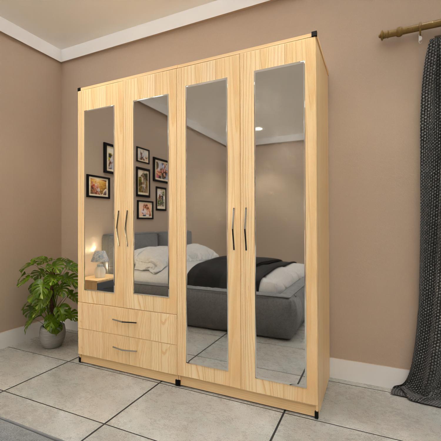 Oak 4 door mirrored wardrobe furniture set with storage drawers